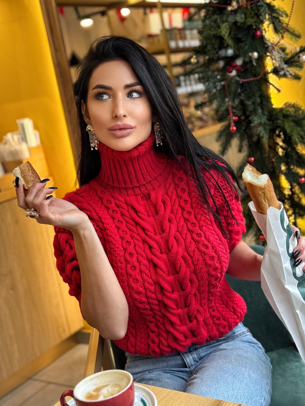 Chunky hand knit red turtleneck sweater top crop shot sleeves pullover Merino wool sweater half sleeve Women cable knit high collar sweater