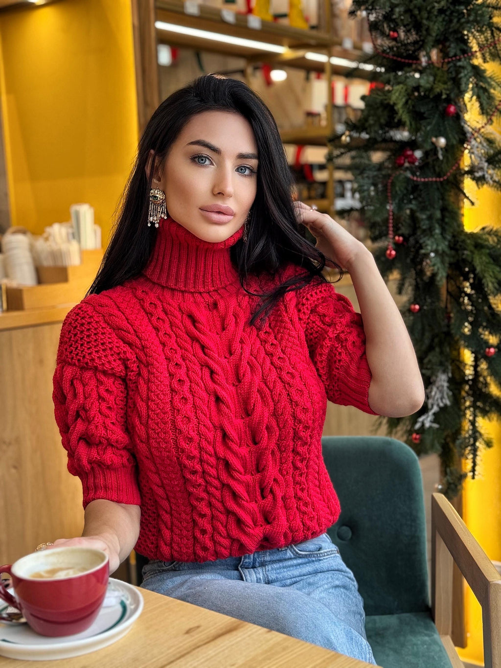 Chunky hand knit red turtleneck sweater top crop shot sleeves pullover Merino wool sweater half sleeve Women cable knit high collar sweater
