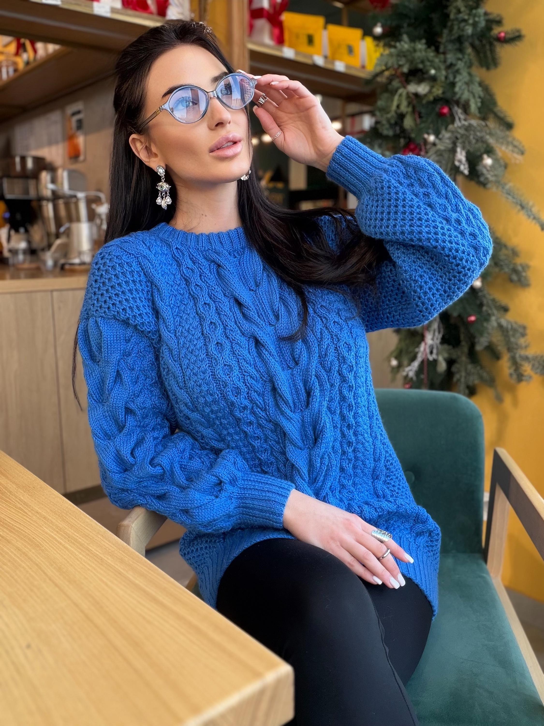 Large big merino wool royal blue hand knit sweater dress Cable knit Aran sweater Chunky knit sweater round collar Winter outfits