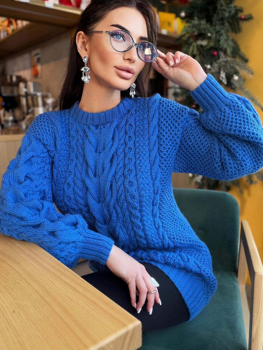 Large big merino wool royal blue hand knit sweater dress Cable knit Aran sweater Chunky knit sweater round collar Winter outfits