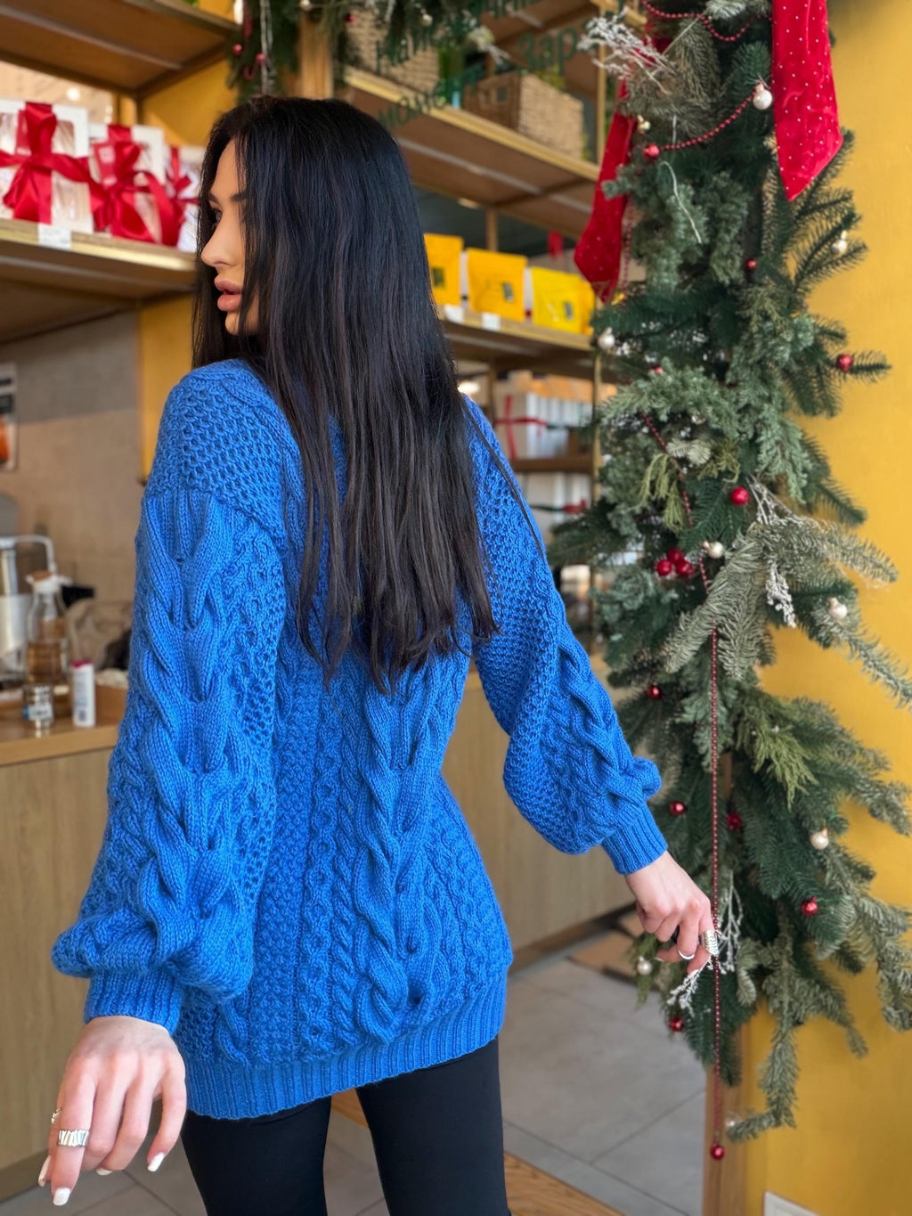 Large big merino wool royal blue hand knit sweater dress Cable knit Aran sweater Chunky knit sweater round collar Winter outfits