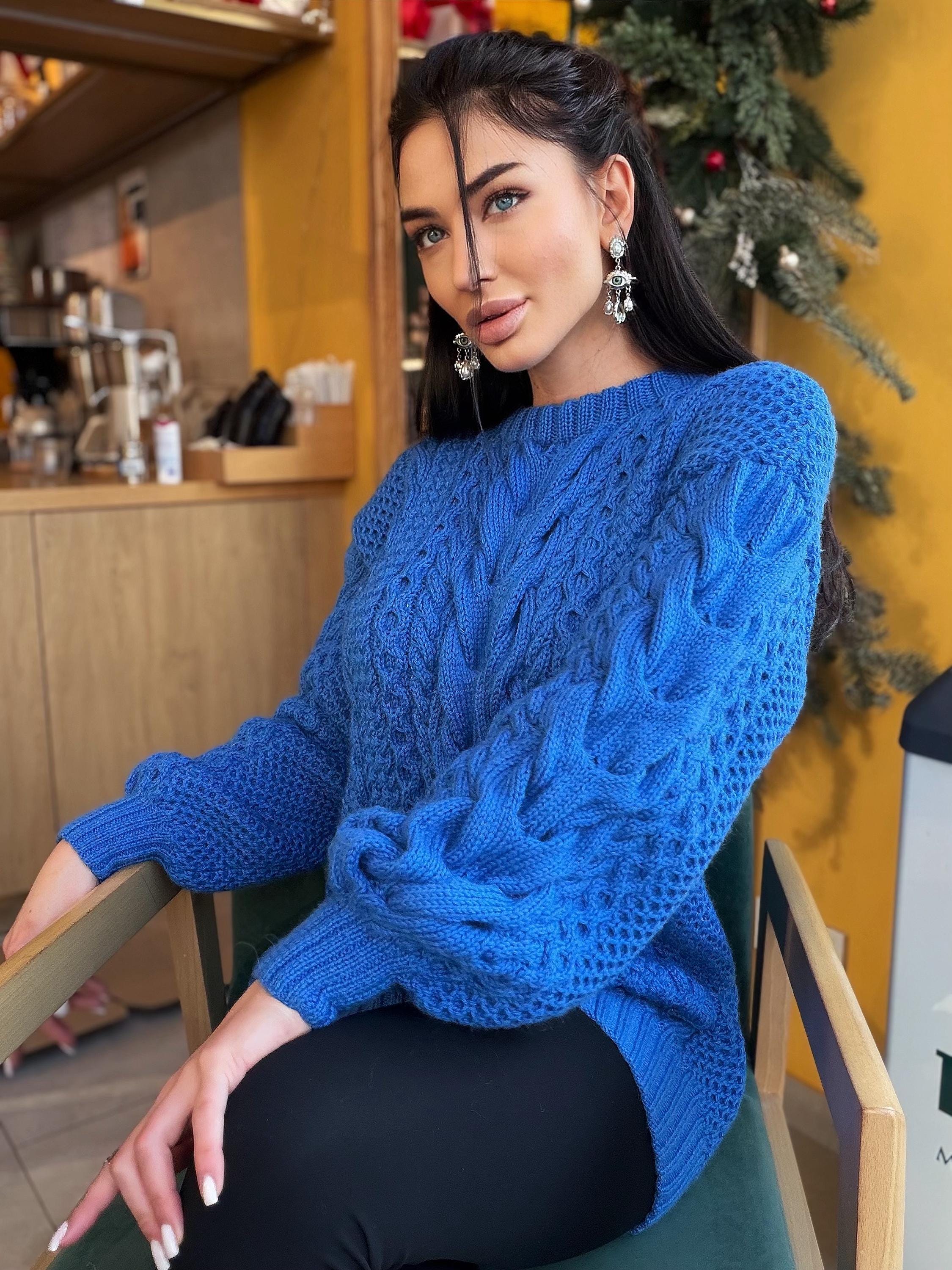 Large big merino wool royal blue hand knit sweater dress Cable knit Aran sweater Chunky knit sweater round collar Winter outfits