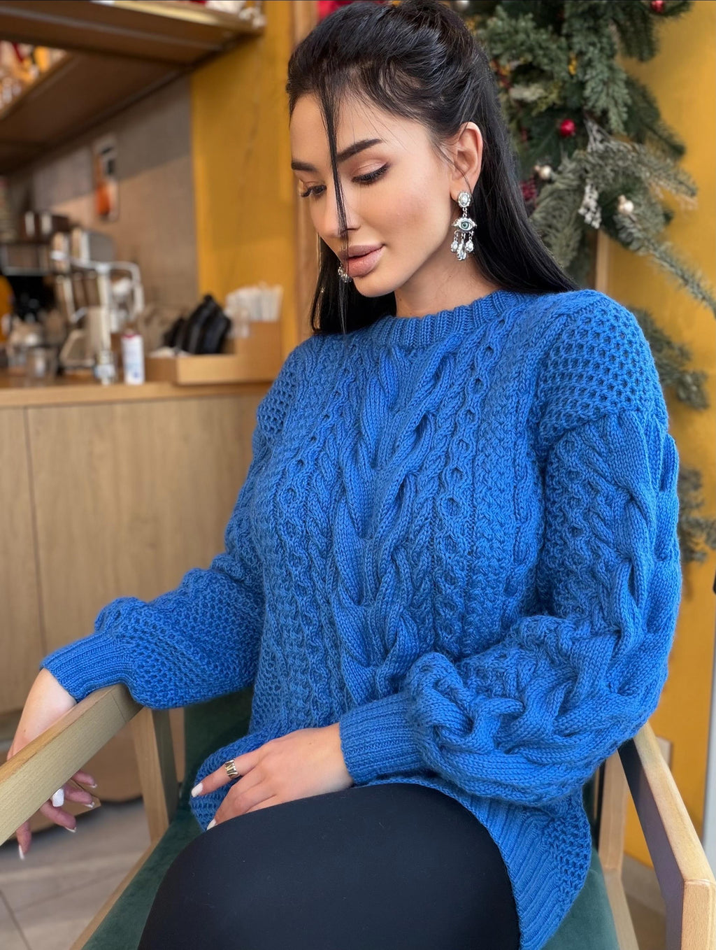 Large big merino wool royal blue hand knit sweater dress Cable knit Aran sweater Chunky knit sweater round collar Winter outfits