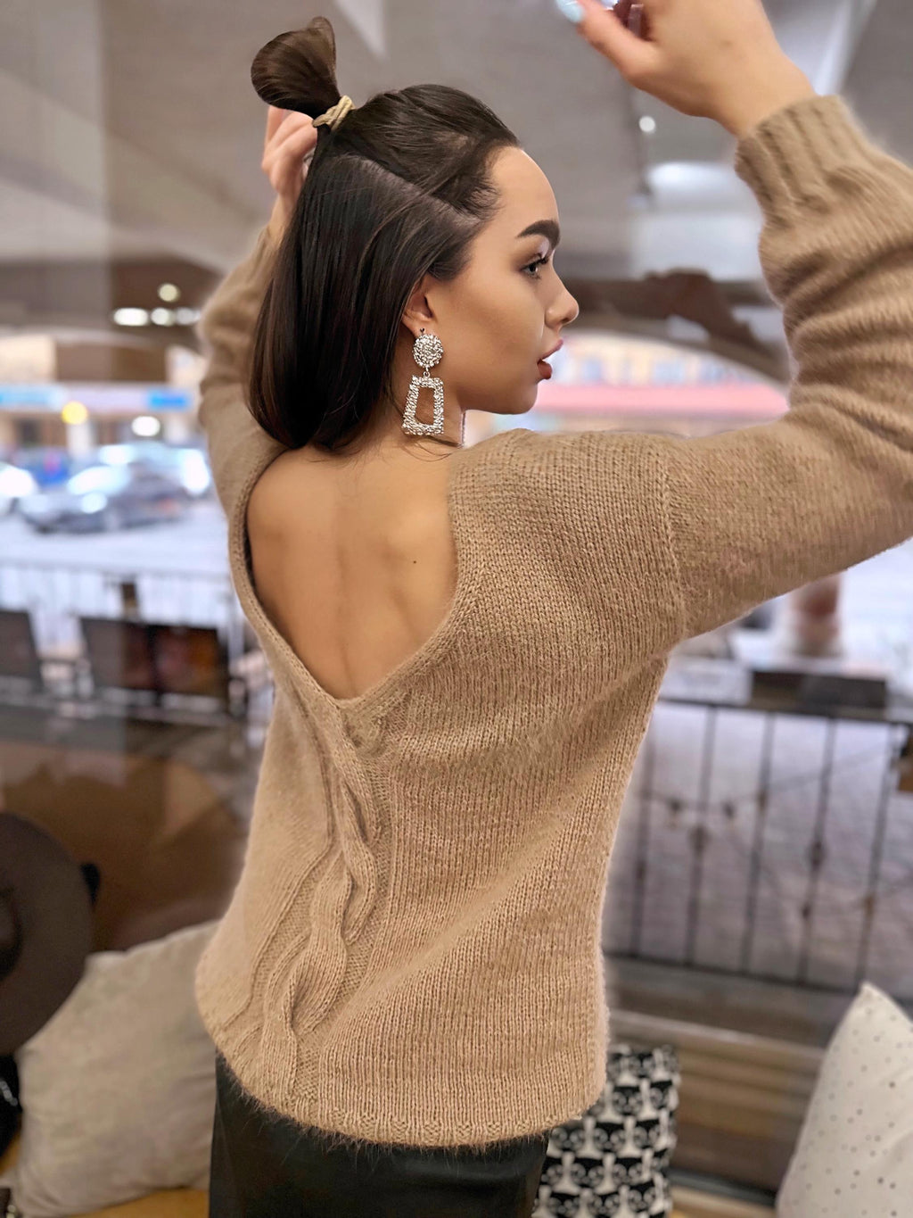 Hand knit angora wool beige V nek sweater Open back Deep neckline Pastel cozy fluffy angora pullover oversized Top long sleevs