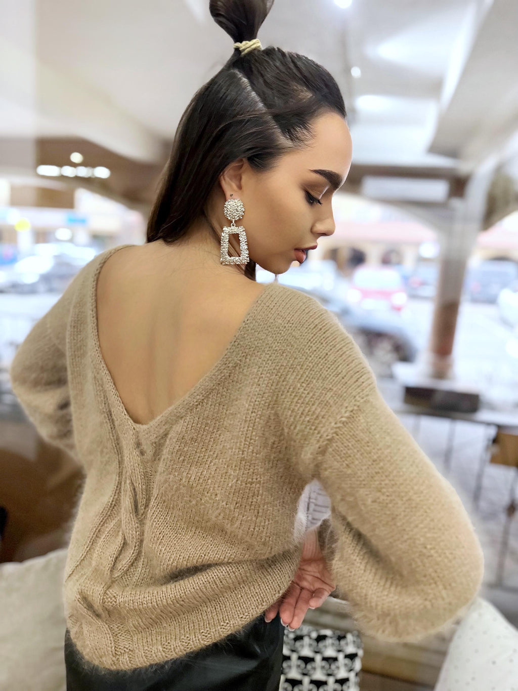 Hand knit angora wool beige V nek sweater Open back Deep neckline Pastel cozy fluffy angora pullover oversized Top long sleevs