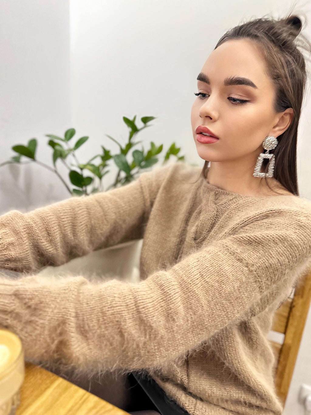Hand knit angora wool beige V nek sweater Open back Deep neckline Pastel cozy fluffy angora pullover oversized Top long sleevs
