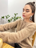 Hand knit angora wool beige V nek sweater Open back Deep neckline Pastel cozy fluffy angora pullover oversized Top long sleevs