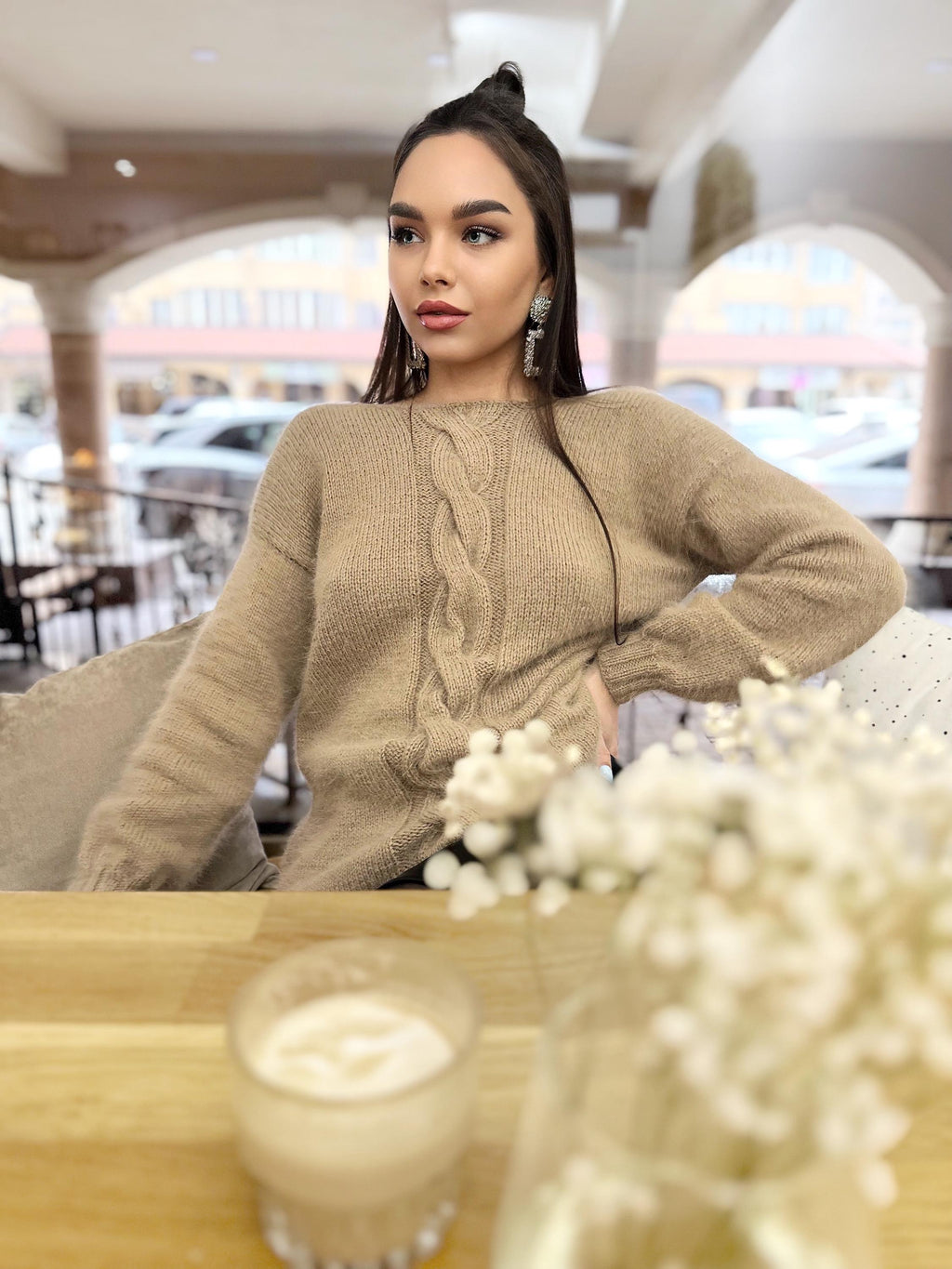 Hand knit angora wool beige V nek sweater Open back Deep neckline Pastel cozy fluffy angora pullover oversized Top long sleevs