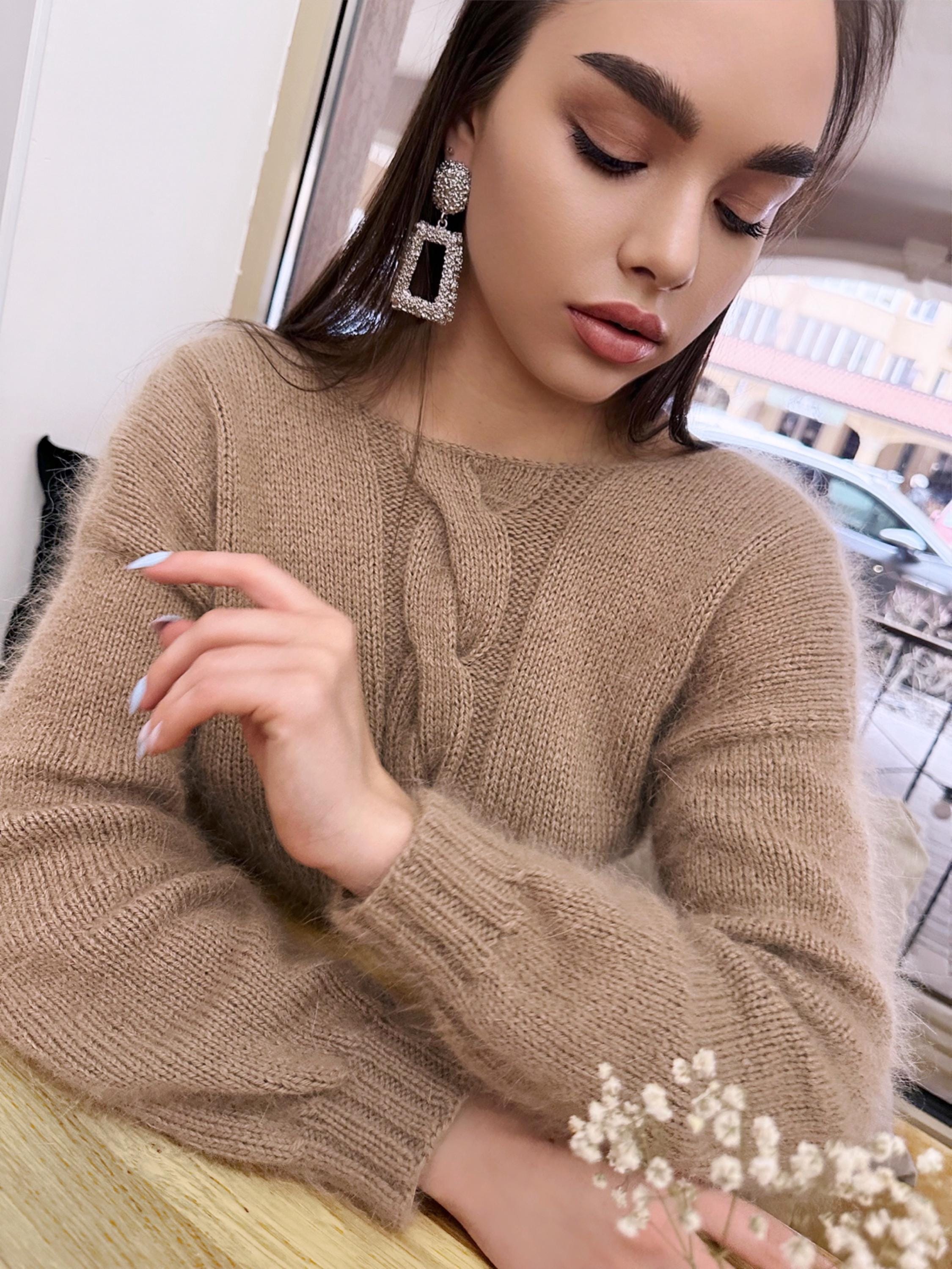 Hand knit angora wool beige V nek sweater Open back Deep neckline Pastel cozy fluffy angora pullover oversized Top long sleevs