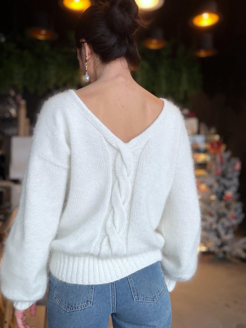 Hand knit White Milk angora sweater Open back Deep neckline Knit fluffy angora pullover Loose fit oversized V-neck Top long sleevs
