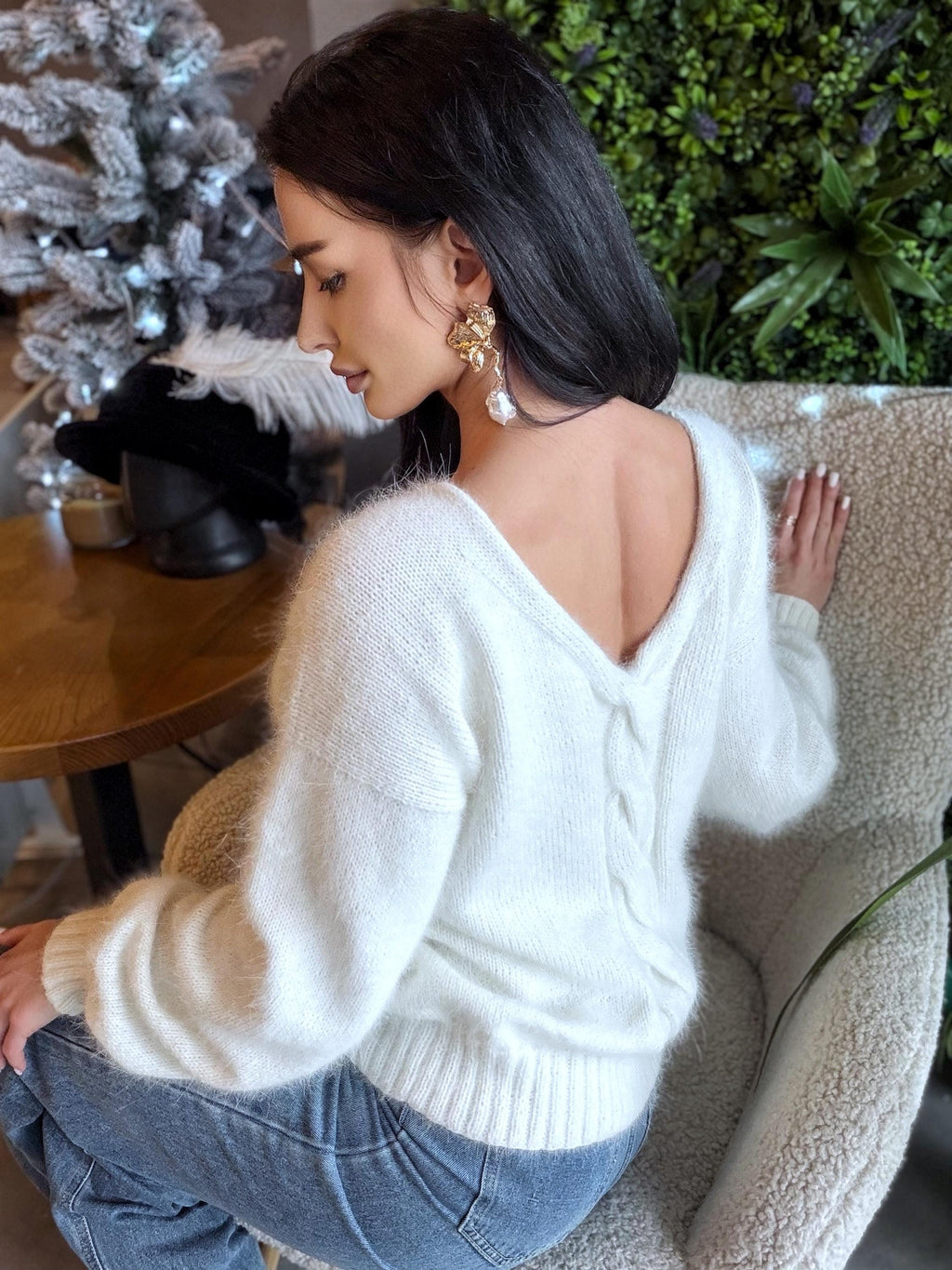 Hand knit White Milk angora sweater Open back Deep neckline Knit fluffy angora pullover Loose fit oversized V-neck Top long sleevs