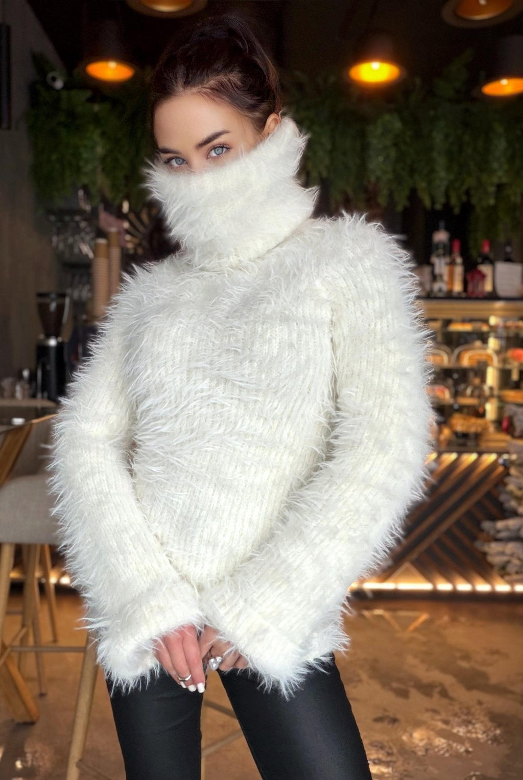 Large big hand knit turtleneck white milk fluffy merino wool in rubles sweater Large roll collar Long soft chunky knit sweater dress