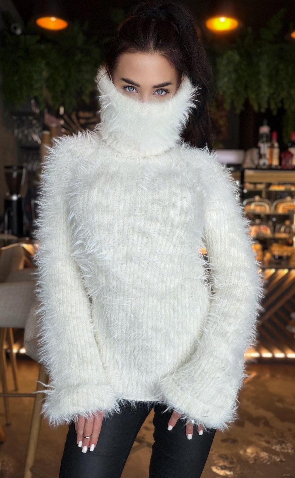 Hand knit white milk fluffy big merino wool cream turtleneck sweater High collar long soft chunky knit sweater dress Cable knit big pullover
