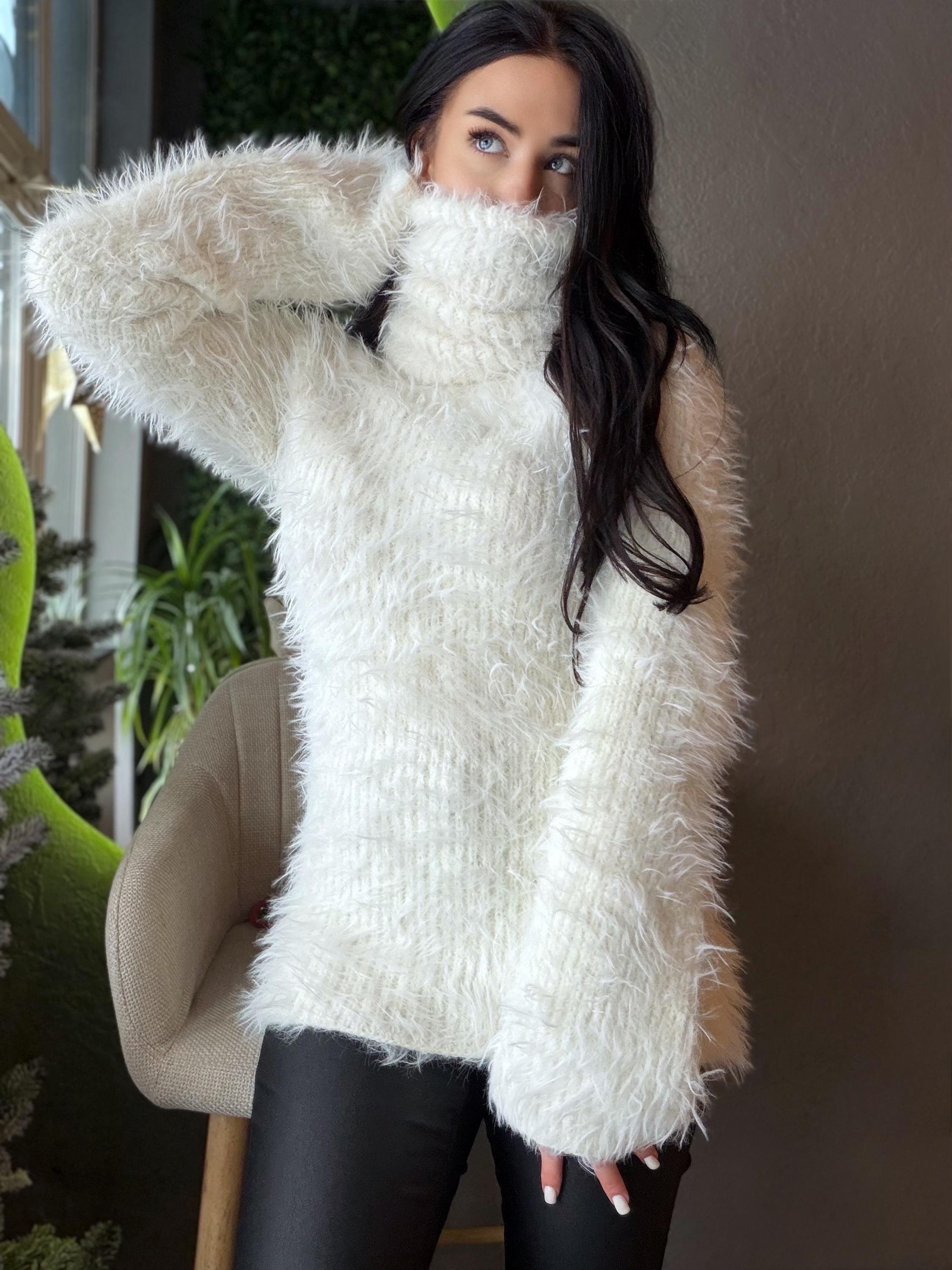 Hand knit white milk fluffy big merino wool cream turtleneck sweater High collar long soft chunky knit sweater dress Cable knit big pullover