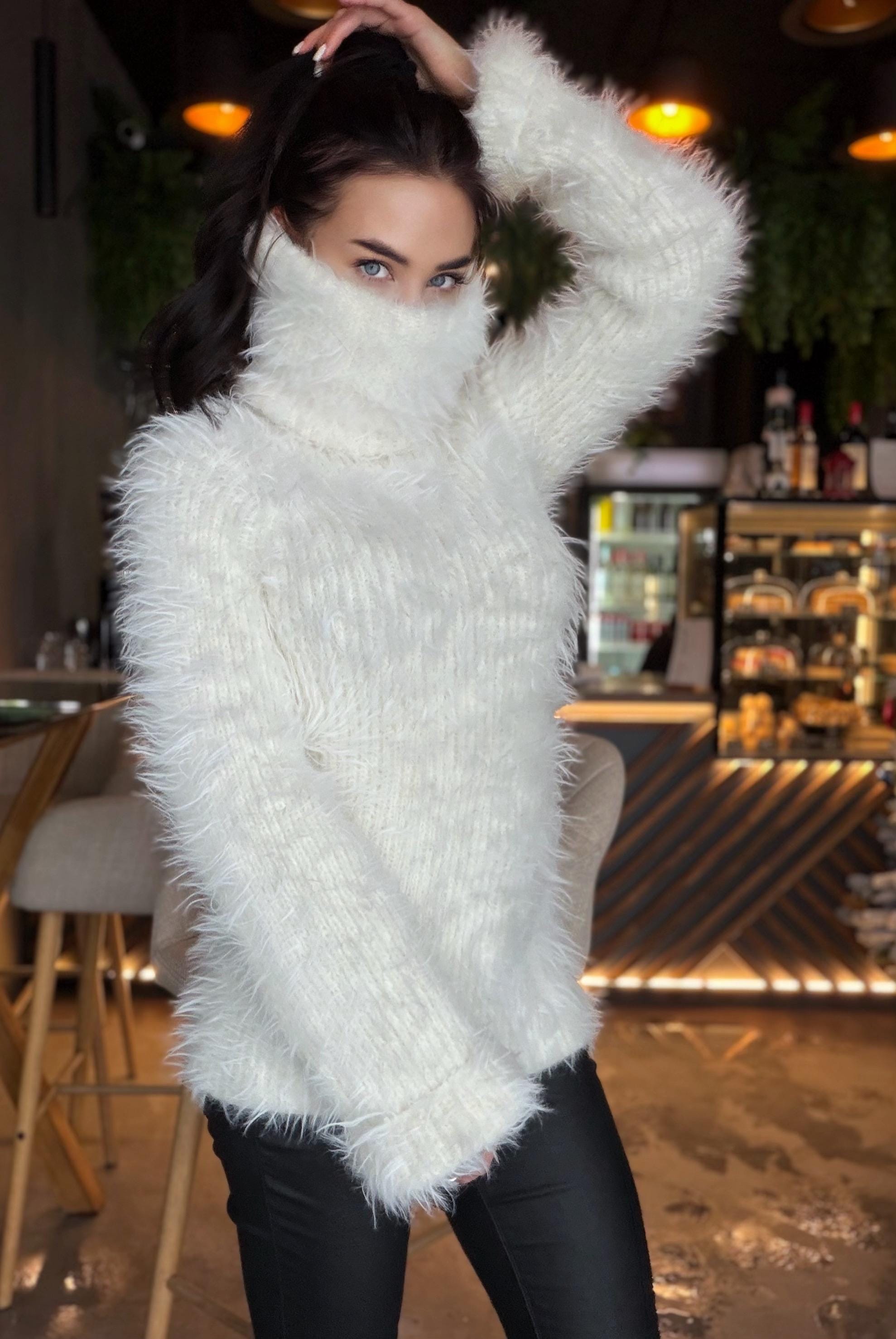 Large big hand knit turtleneck white milk fluffy merino wool in rubles sweater Large roll collar Long soft chunky knit sweater dress