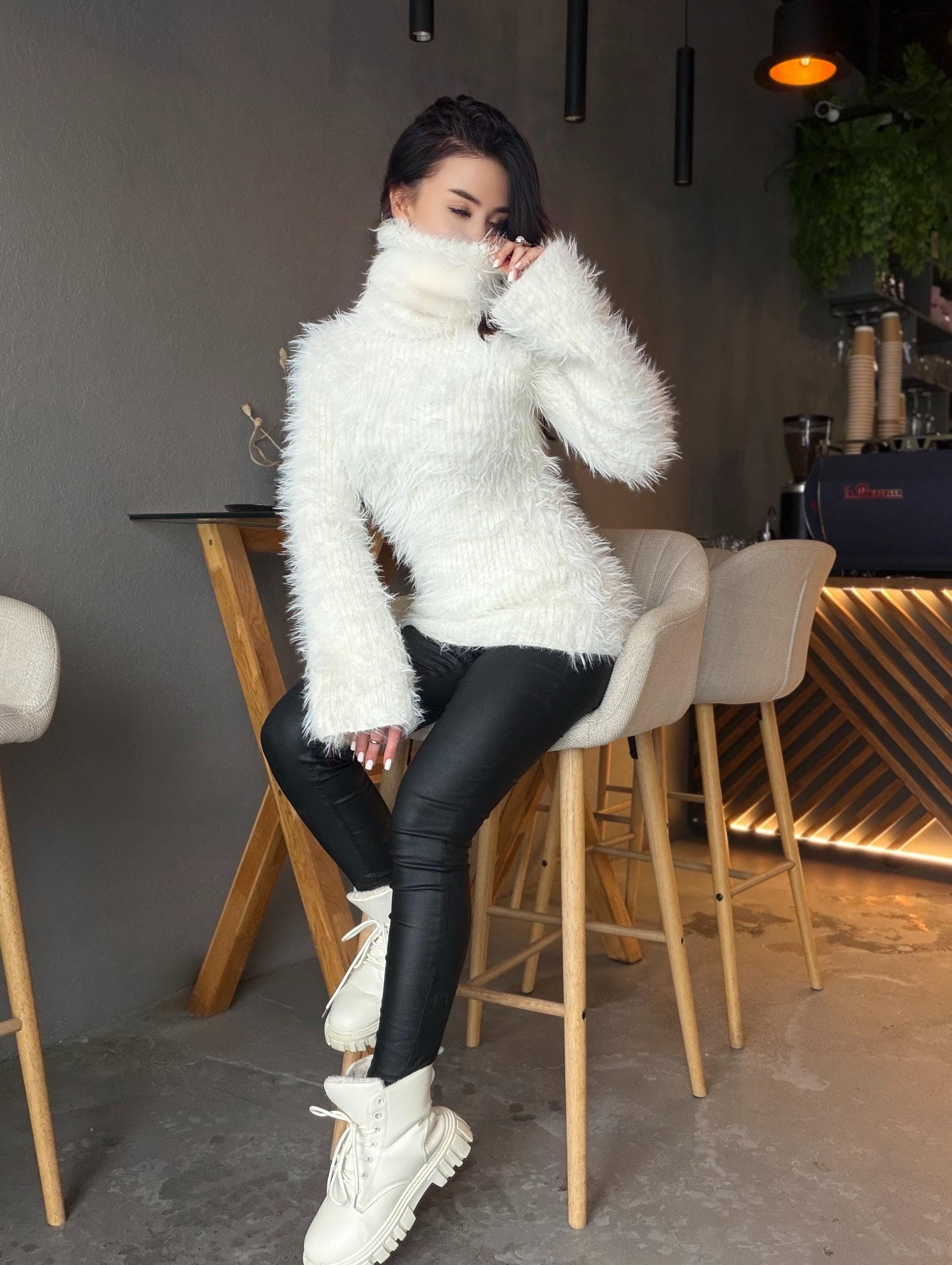 Large big hand knit turtleneck white milk fluffy merino wool in rubles sweater Large roll collar Long soft chunky knit sweater dress