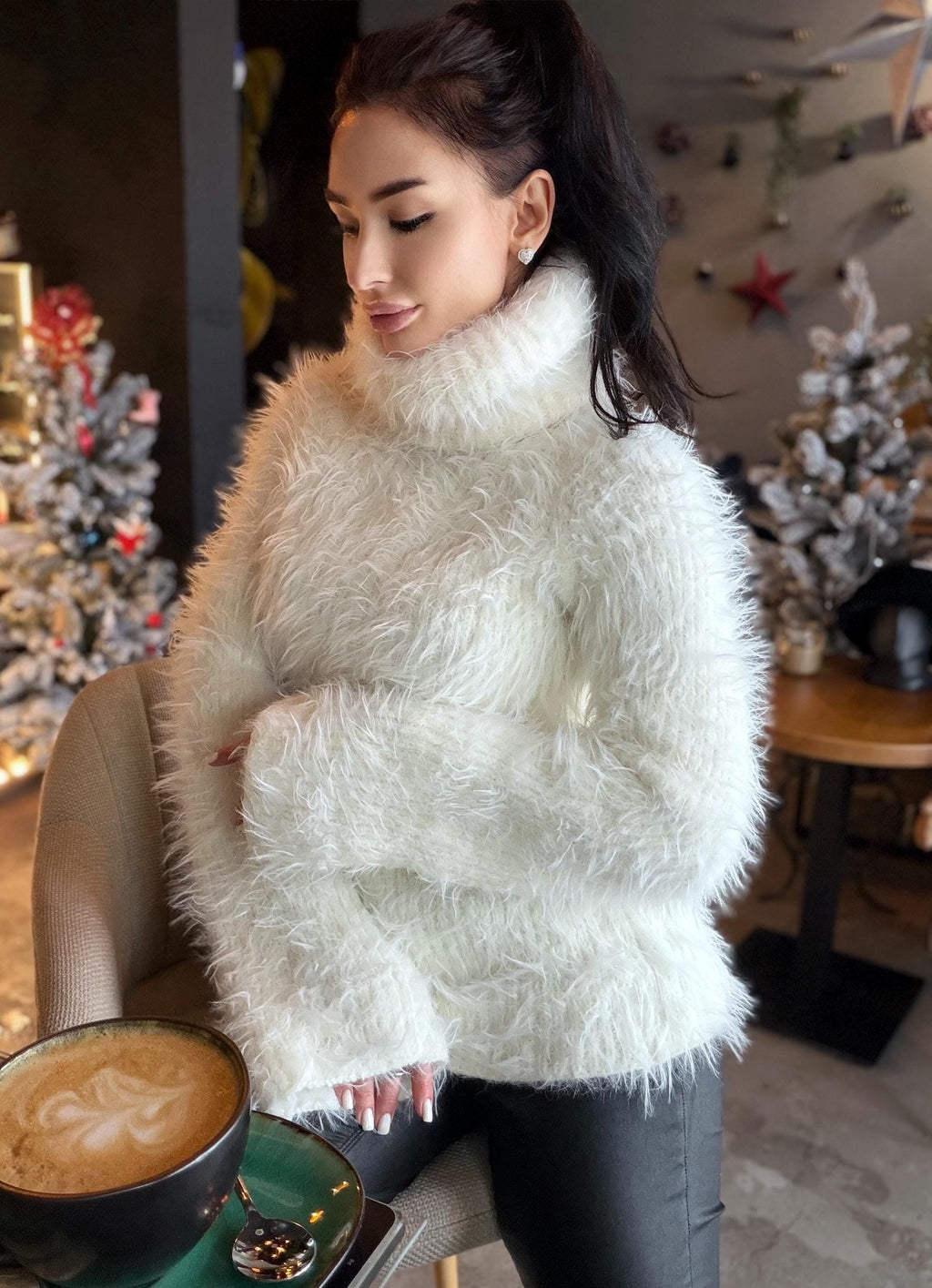Large big hand knit turtleneck white milk fluffy merino wool in rubles sweater Large roll collar Long soft chunky knit sweater dress