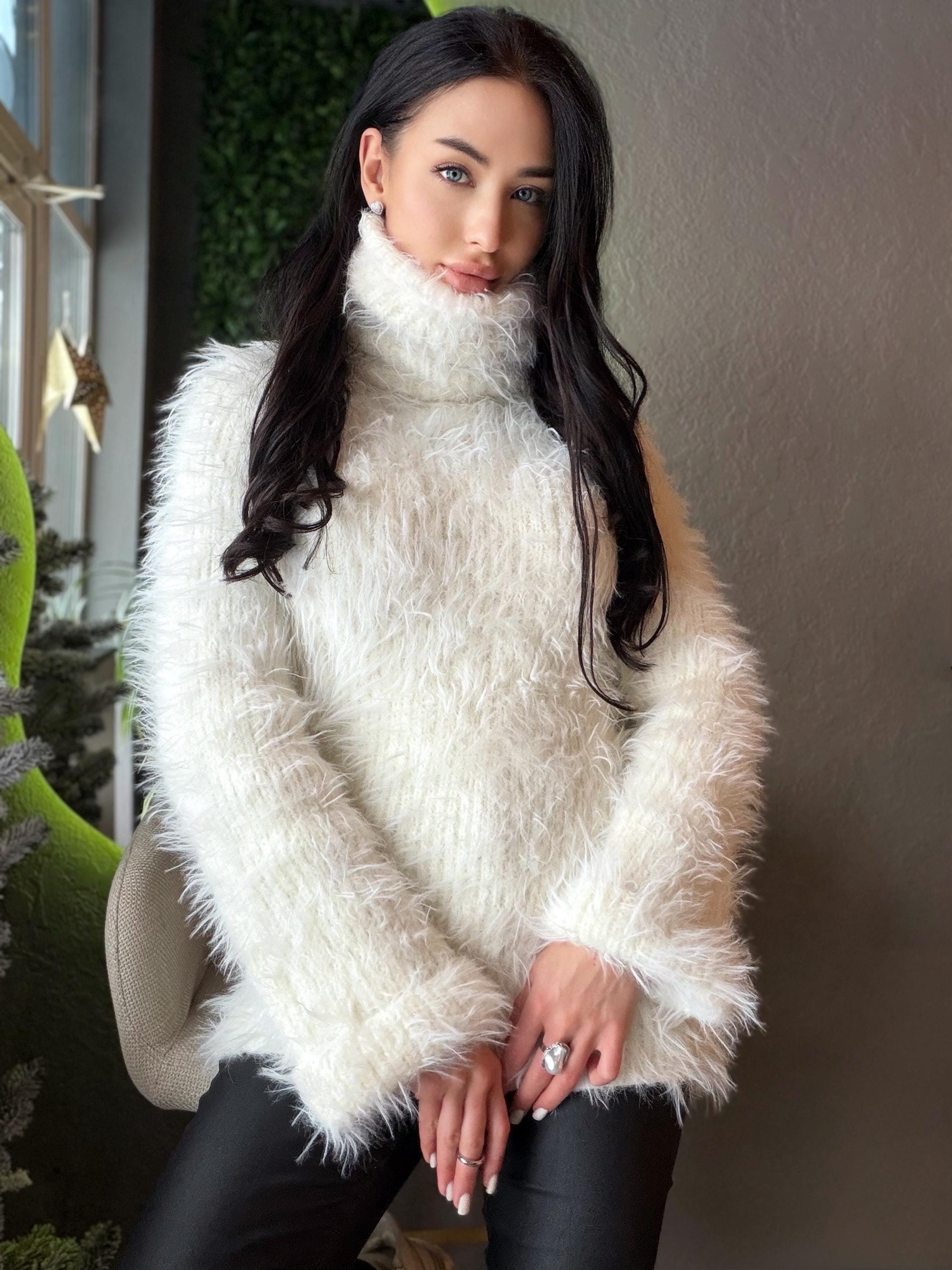 Large big hand knit turtleneck white milk fluffy merino wool in rubles sweater Large roll collar Long soft chunky knit sweater dress