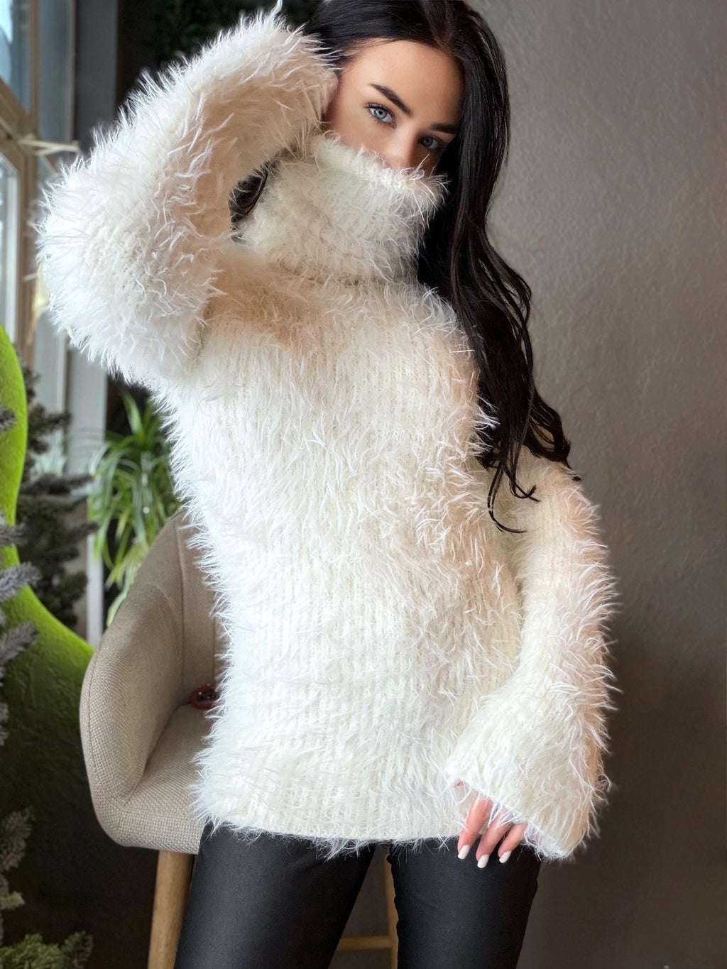 Hand knit white milk fluffy big merino wool cream turtleneck sweater High collar long soft chunky knit sweater dress Cable knit big pullover
