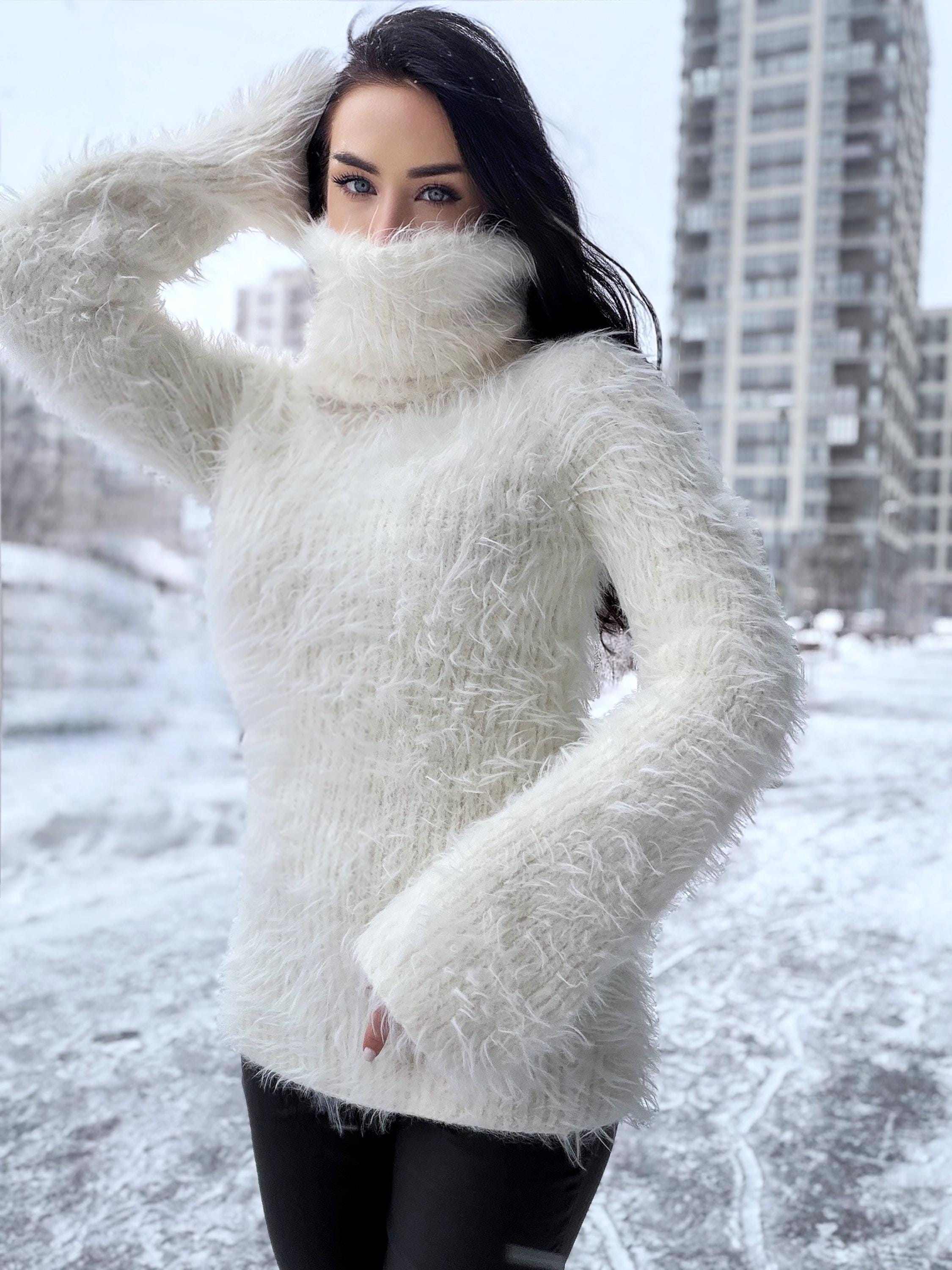 Large big hand knit turtleneck white milk fluffy merino wool in rubles sweater Large roll collar Long soft chunky knit sweater dress