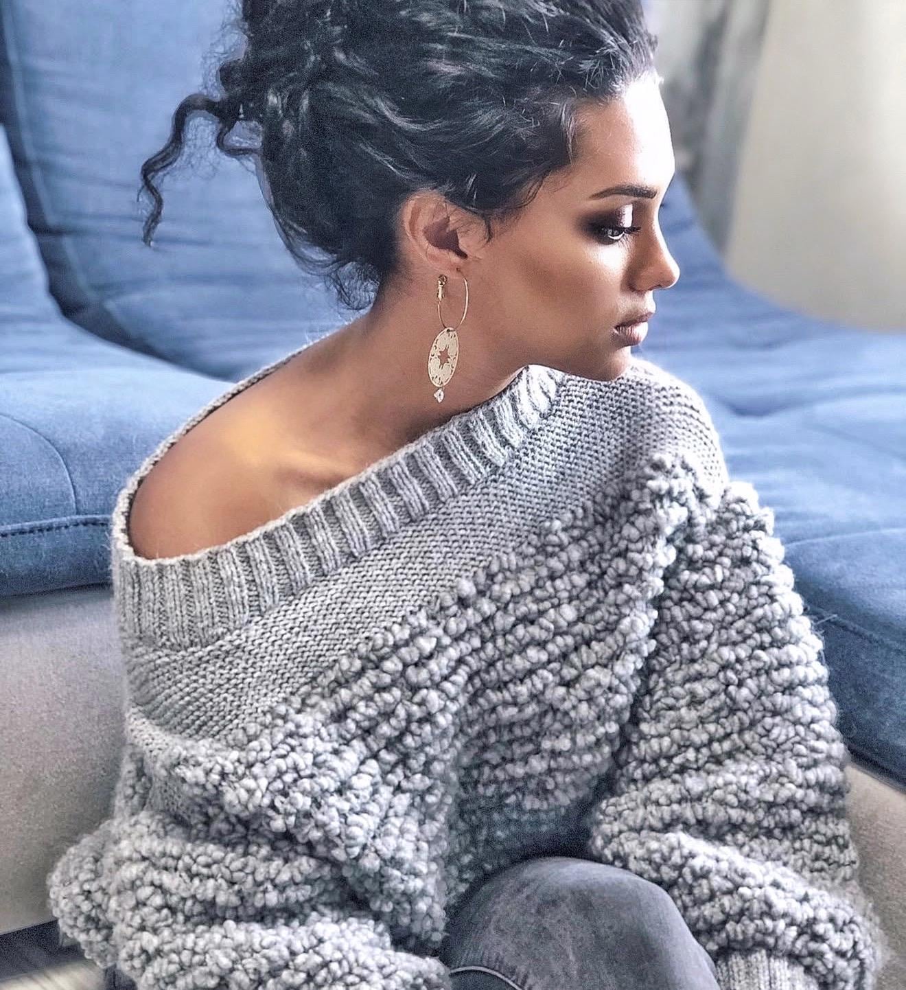 Cable hand knit boucle alpaca wool gray sweater Chunky knit cropped oversize One shoulder big cable knit sweater women