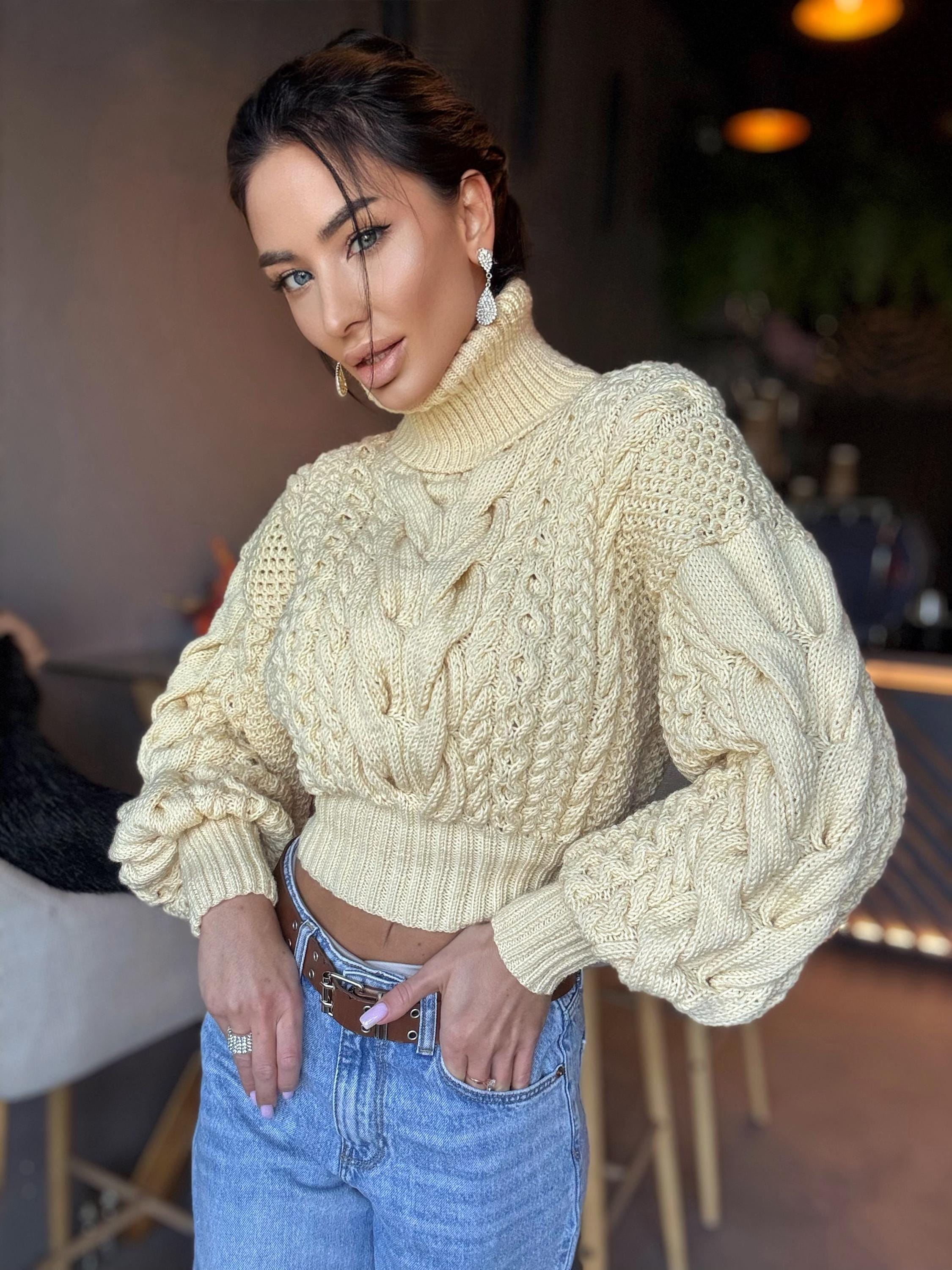 Crop hand knit white milk cream 100% merino wool aran sweater turtleneck Chunky Knit Pullover Womens Cable knit merino wool winter jumper