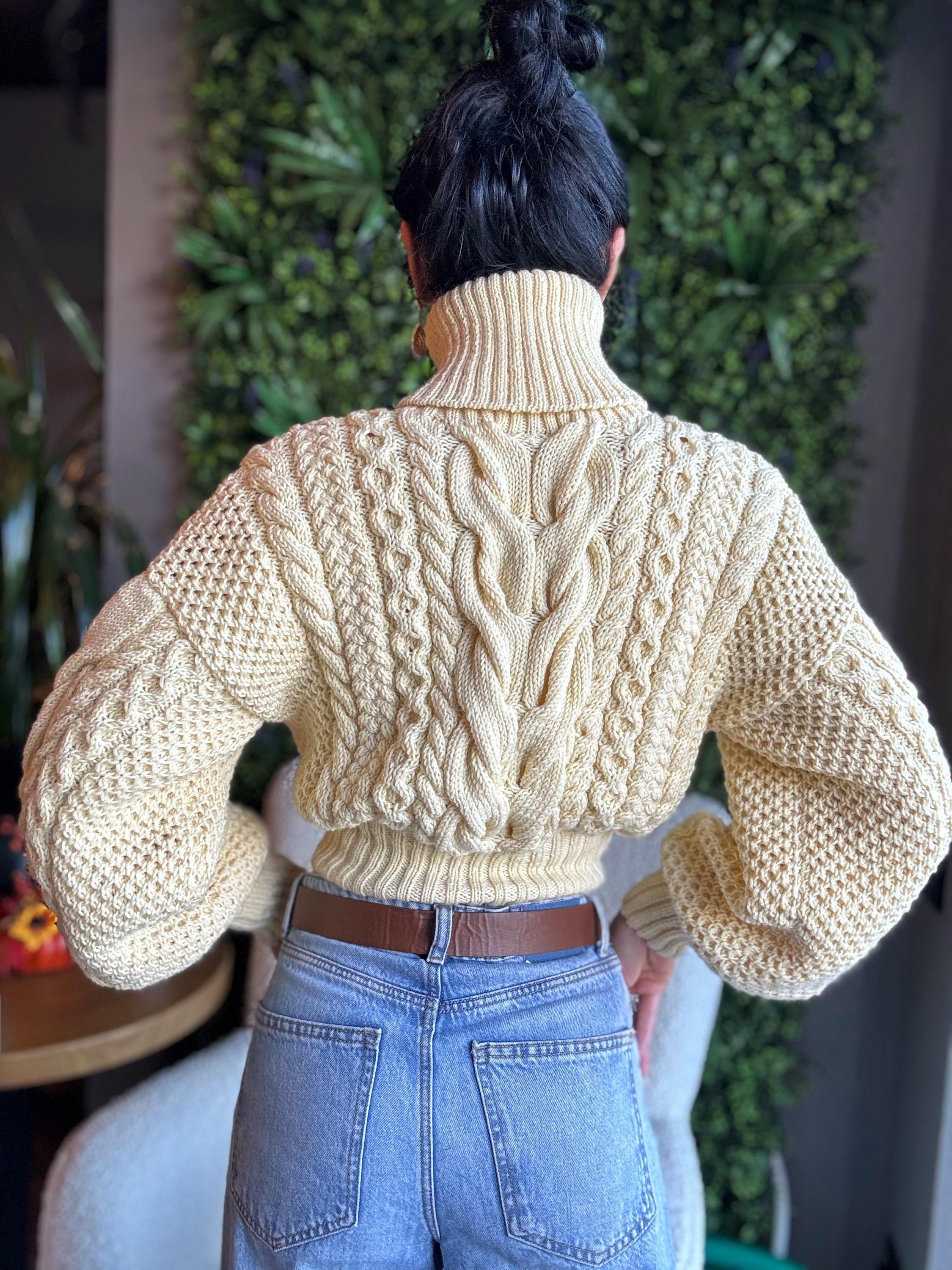 Crop hand knit white milk cream 100% merino wool aran sweater turtleneck Chunky Knit Pullover Womens Cable knit merino wool winter jumper