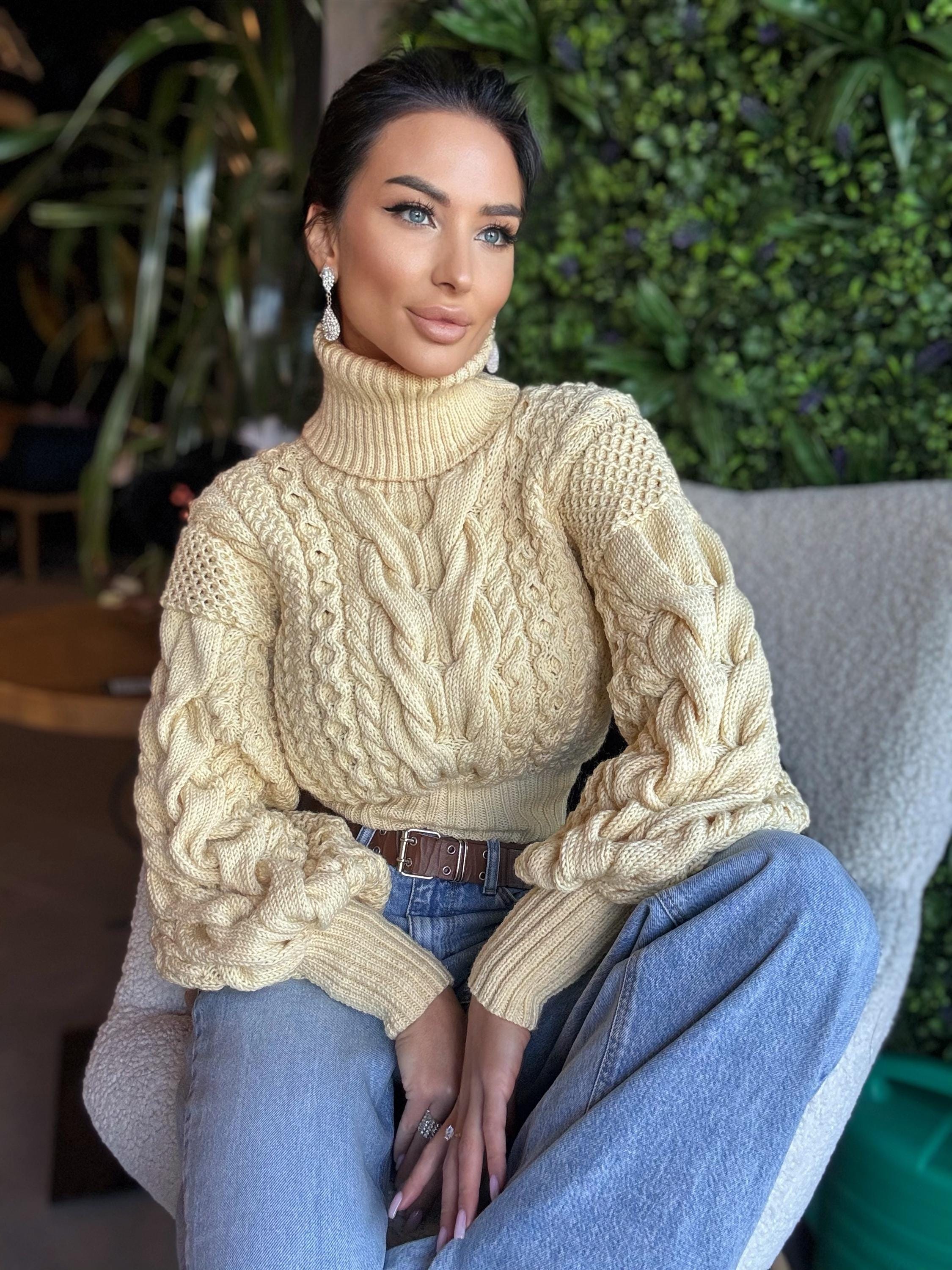 Crop hand knit white milk cream 100% merino wool aran sweater turtleneck Chunky Knit Pullover Womens Cable knit merino wool winter jumper
