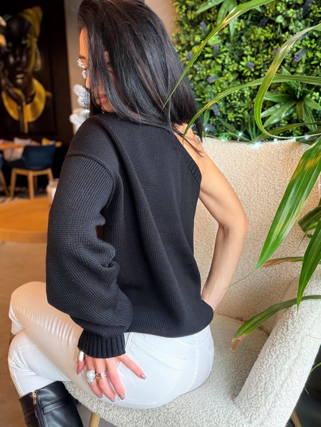 One sleeve Knitted wool one shoulde sweater for women’s off shoulder sweater Black crop wool pullover sweater top
