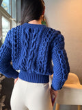 Crop merino wool hand knit royal blue aran sweater top women Crop chunky knit jumper Cable knitting Loose knit oversized High waist
