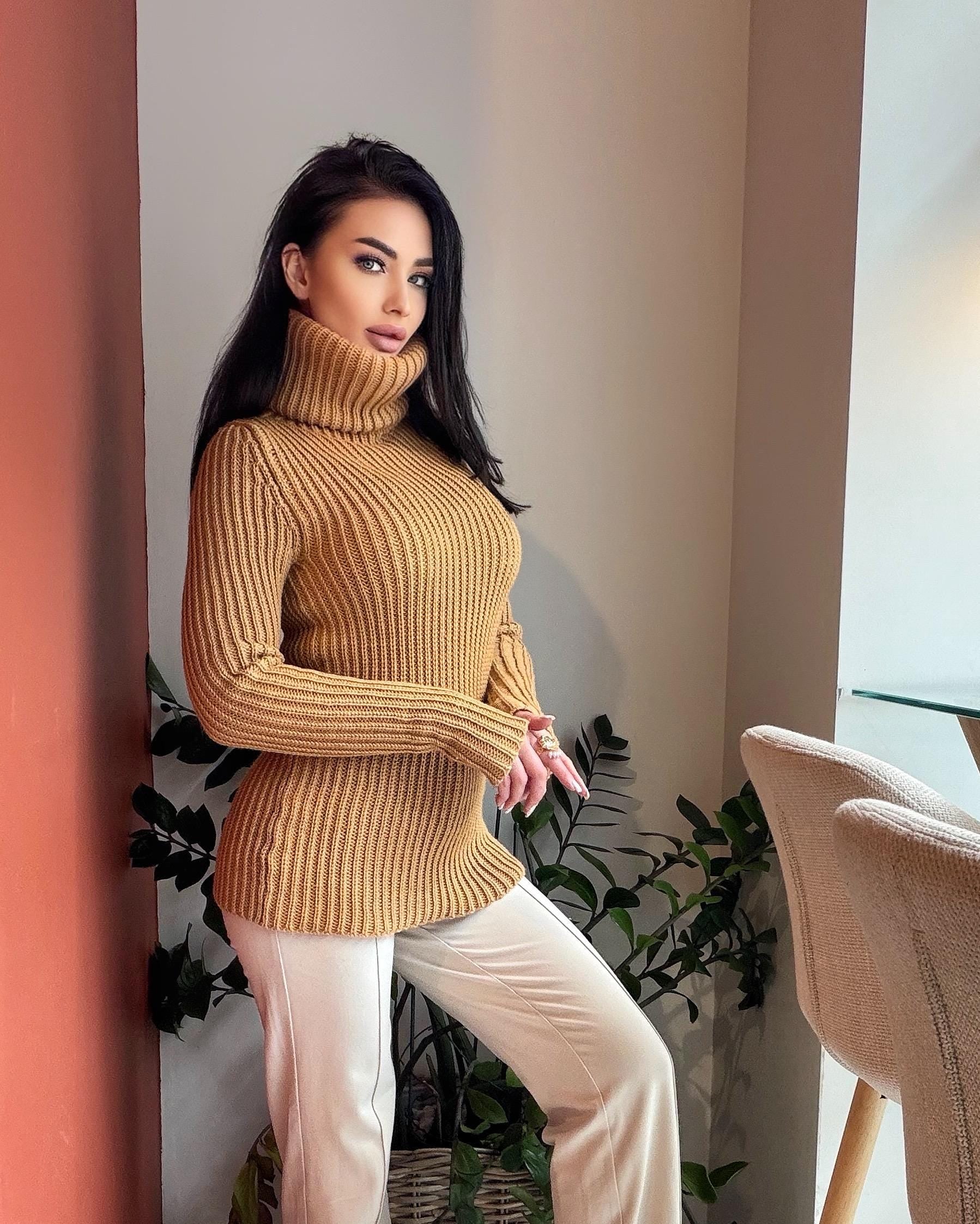 Hand knit large merino wool beige / caramel turtleneck sweater dress Cable Knit Pastel wool pullover Womens Chunky knit sweater dress