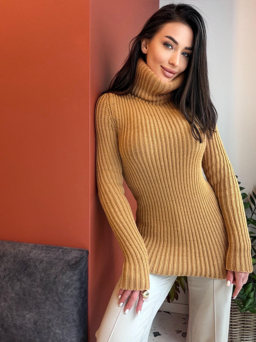 Large hand knit caramel merino wool beige turtleneck sweater dress Knit wool pullover high collar Womens Chunky knit sweater dress