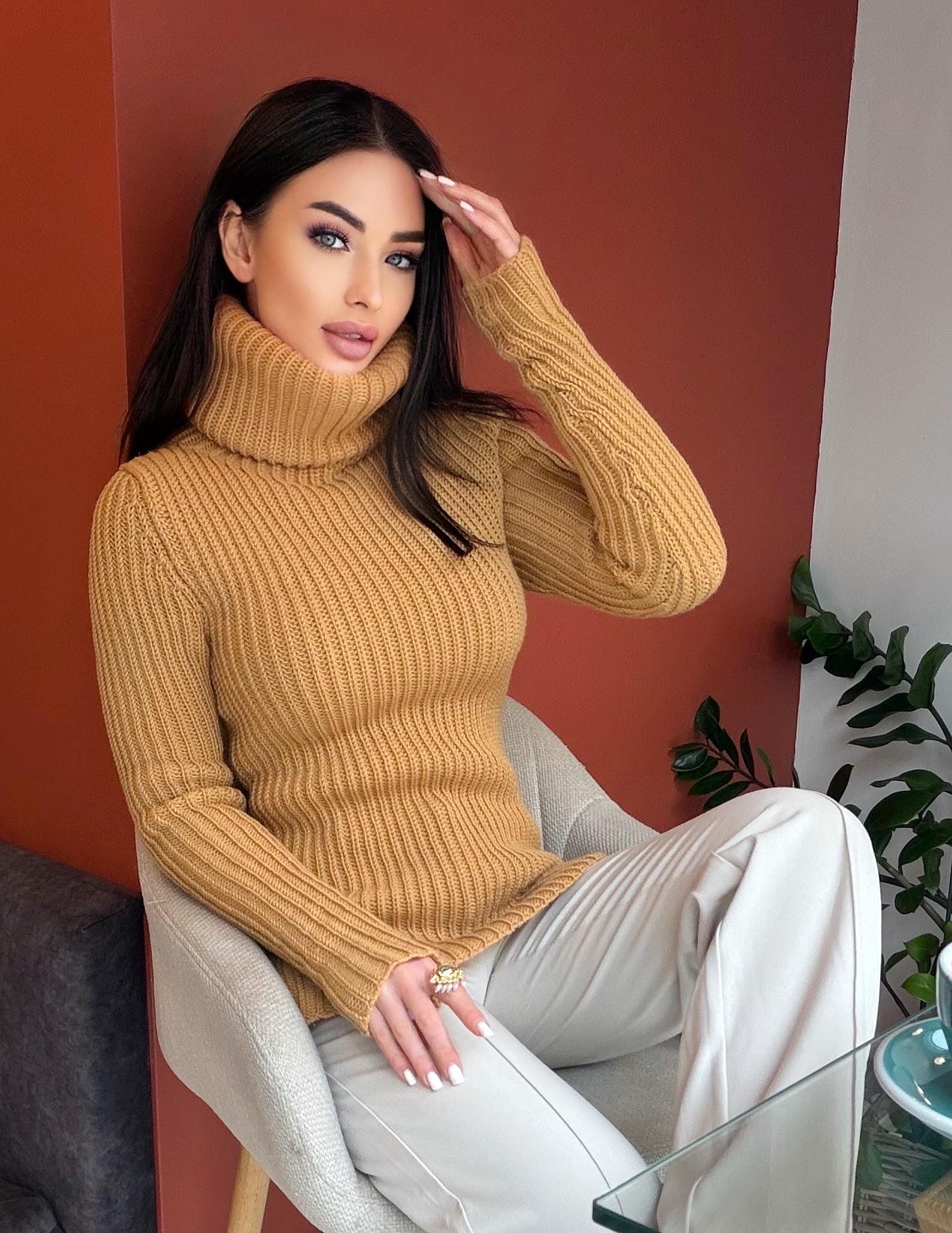 Large hand knit caramel merino wool beige turtleneck sweater dress Knit wool pullover high collar Womens Chunky knit sweater dress