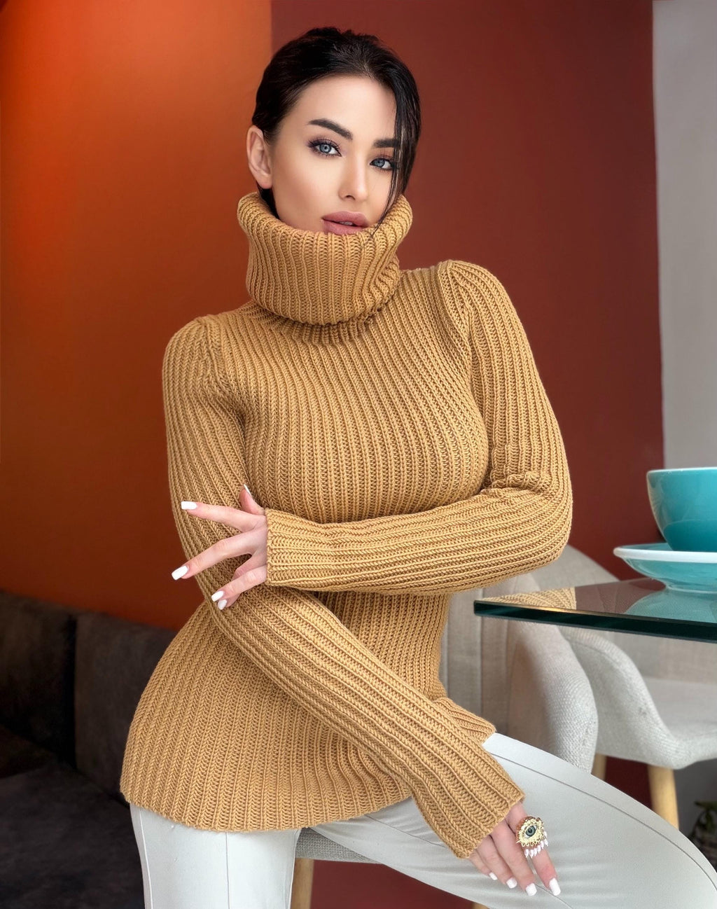 Hand knit large merino wool beige / caramel turtleneck sweater dress Cable Knit Pastel wool pullover Womens Chunky knit sweater dress