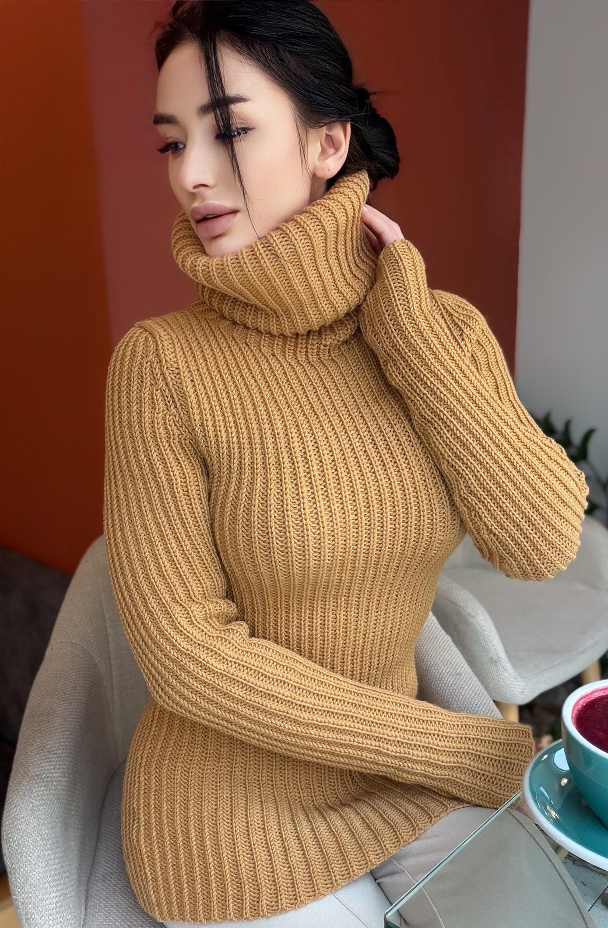 Hand knit large merino wool beige / caramel turtleneck sweater dress Cable Knit Pastel wool pullover Womens Chunky knit sweater dress