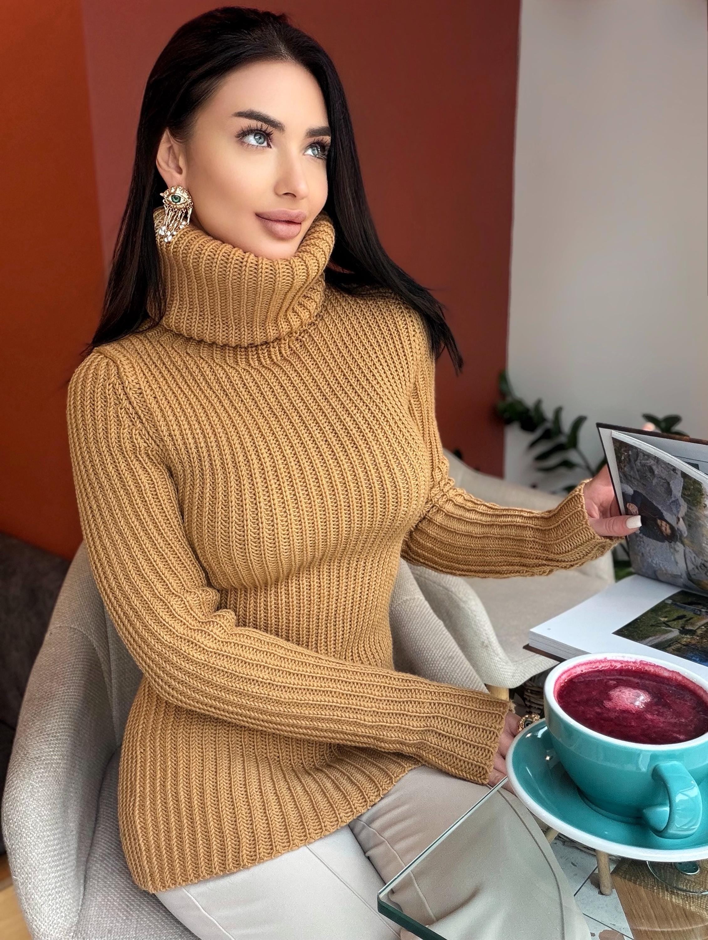 Large hand knit caramel merino wool beige turtleneck sweater dress Knit wool pullover high collar Womens Chunky knit sweater dress