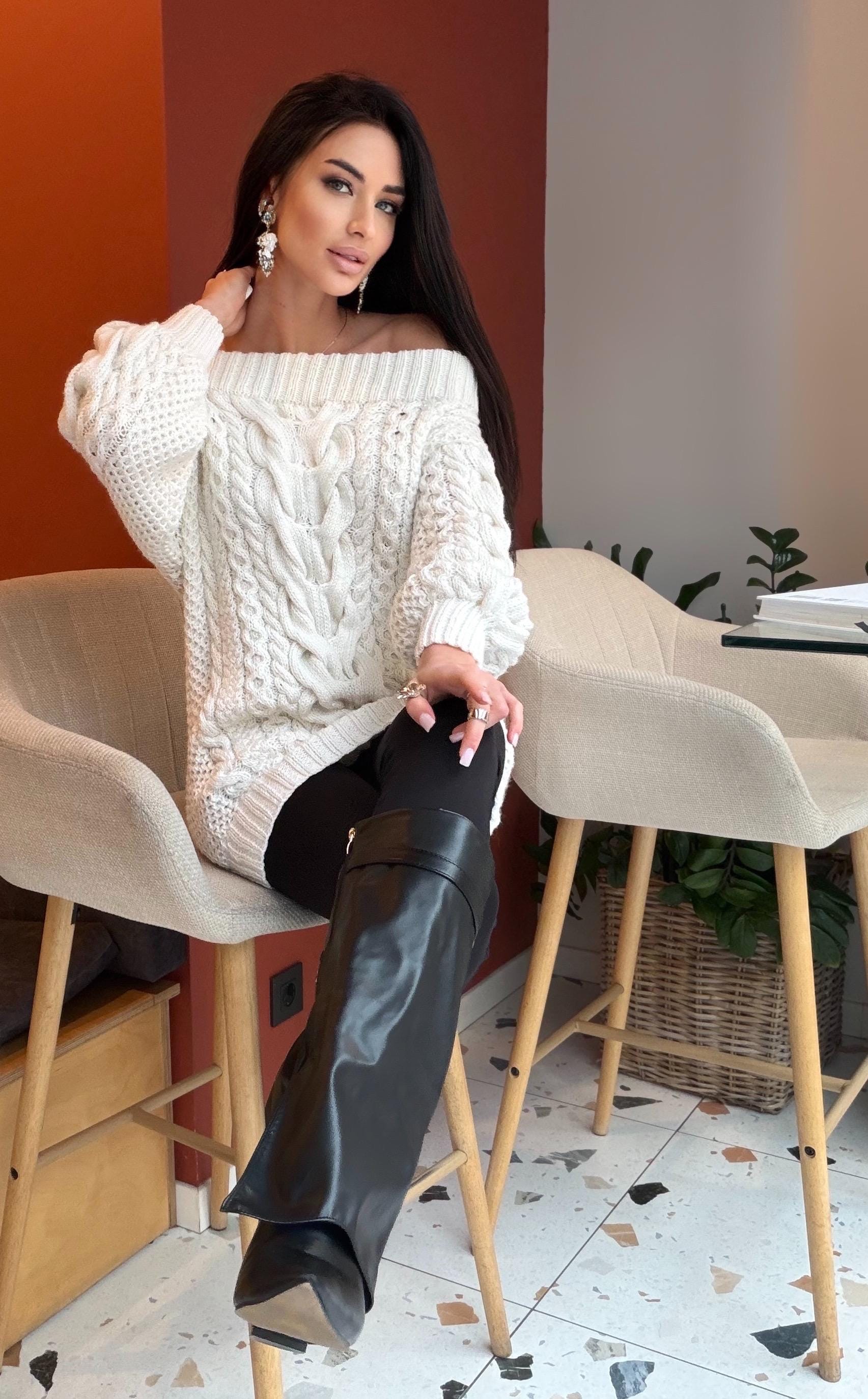 Hand knit white milk cable knit off shoulders sweater dress women Large Cable knit merino wool sweater Chunky knit one shoulder dress