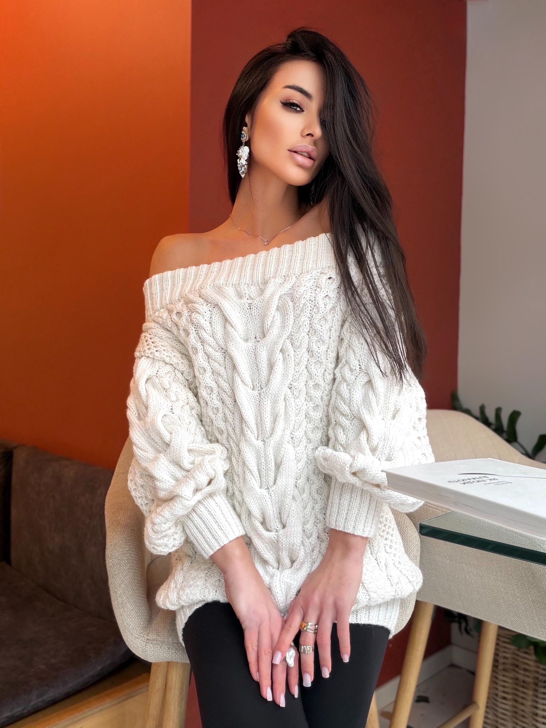 Hand knit white milk cable knit off shoulders sweater dress women Large Cable knit merino wool sweater Chunky knit one shoulder dress