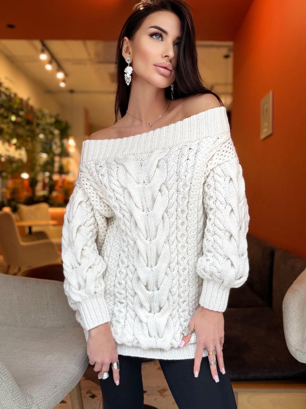 Hand knit white milk cable knit off shoulders sweater dress women Large Cable knit merino wool sweater Chunky knit one shoulder dress