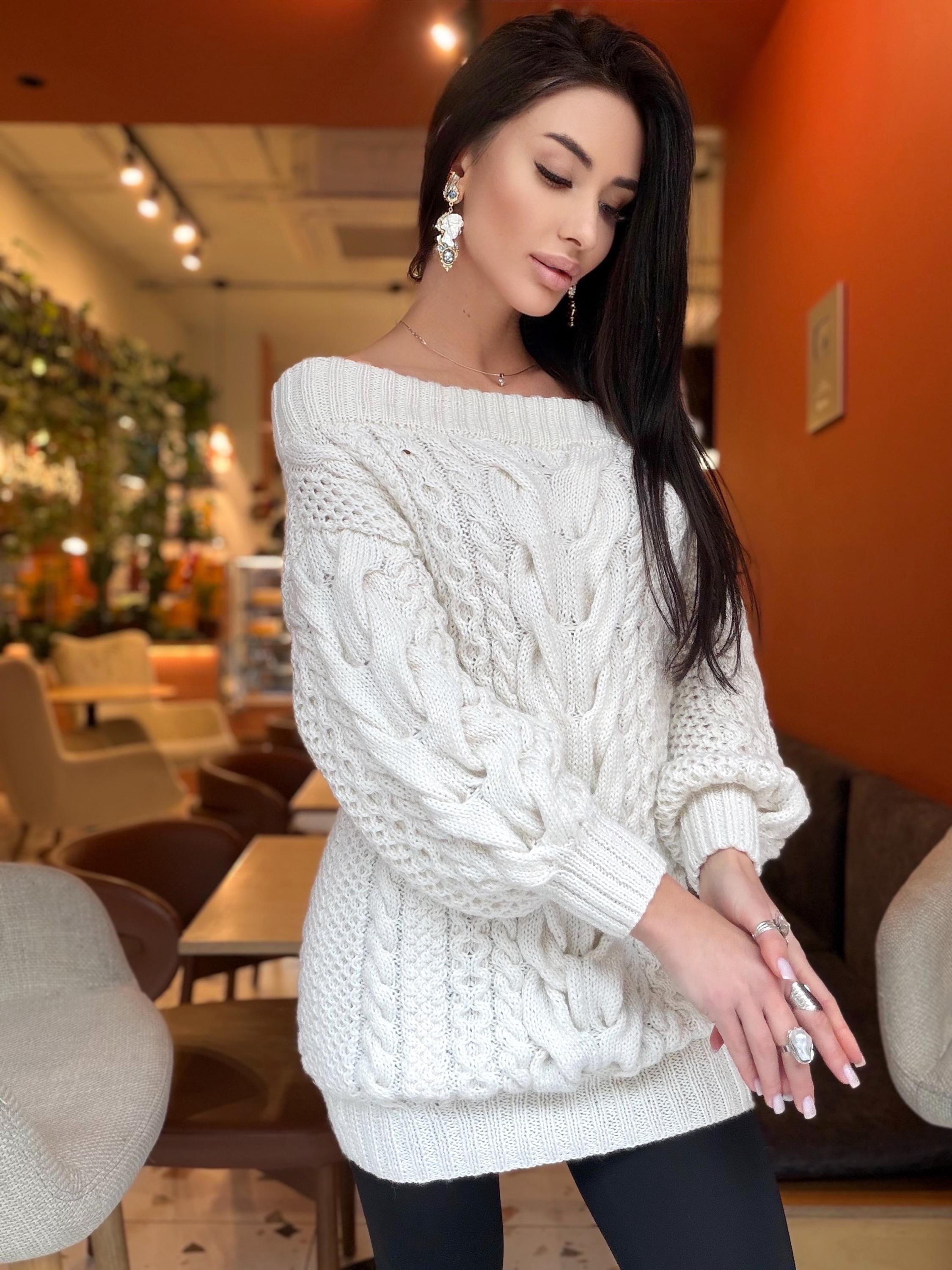 Hand knit white milk cable knit off shoulders sweater dress women Large Cable knit merino wool sweater Chunky knit one shoulder dress
