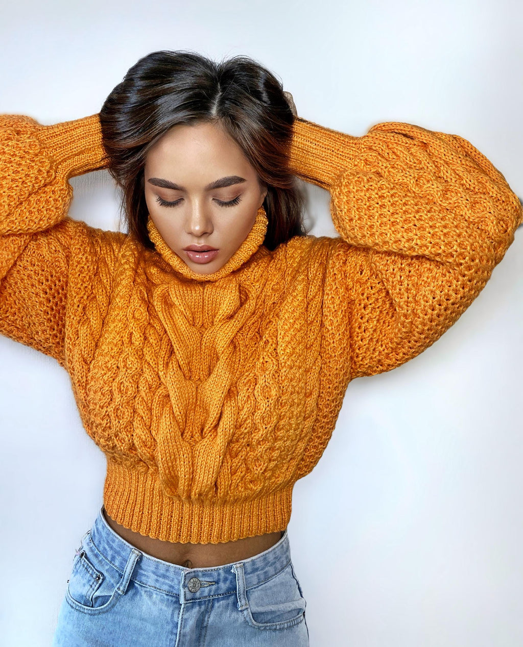 Crop hand knitted orange sweater Chunky Knit Turtleneck Oversized Pullover Women's Cable knit Jumper merino wool winter sweater