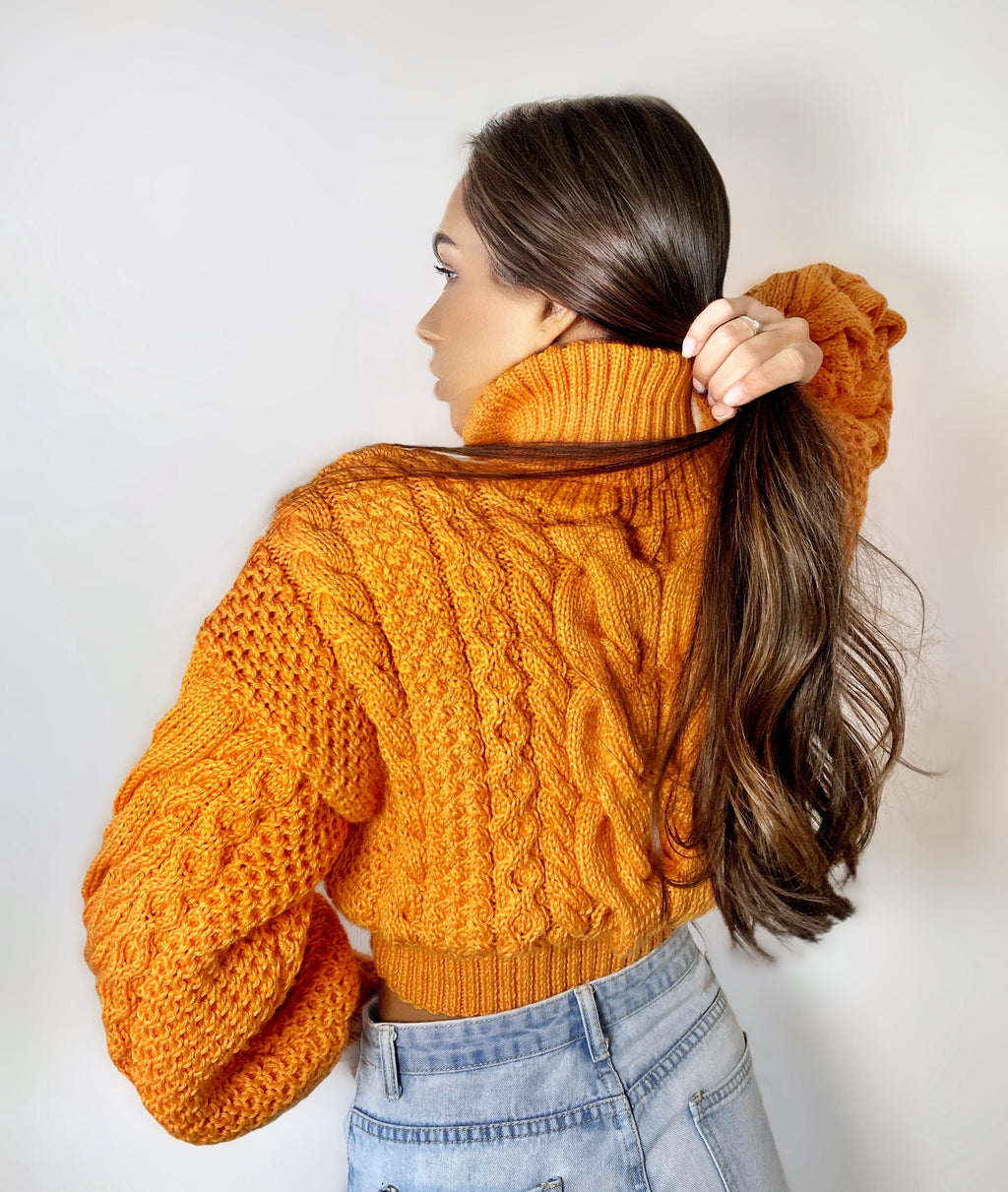 Crop hand knitted orange sweater Chunky Knit Turtleneck Oversized Pullover Women's Cable knit Jumper merino wool winter sweater