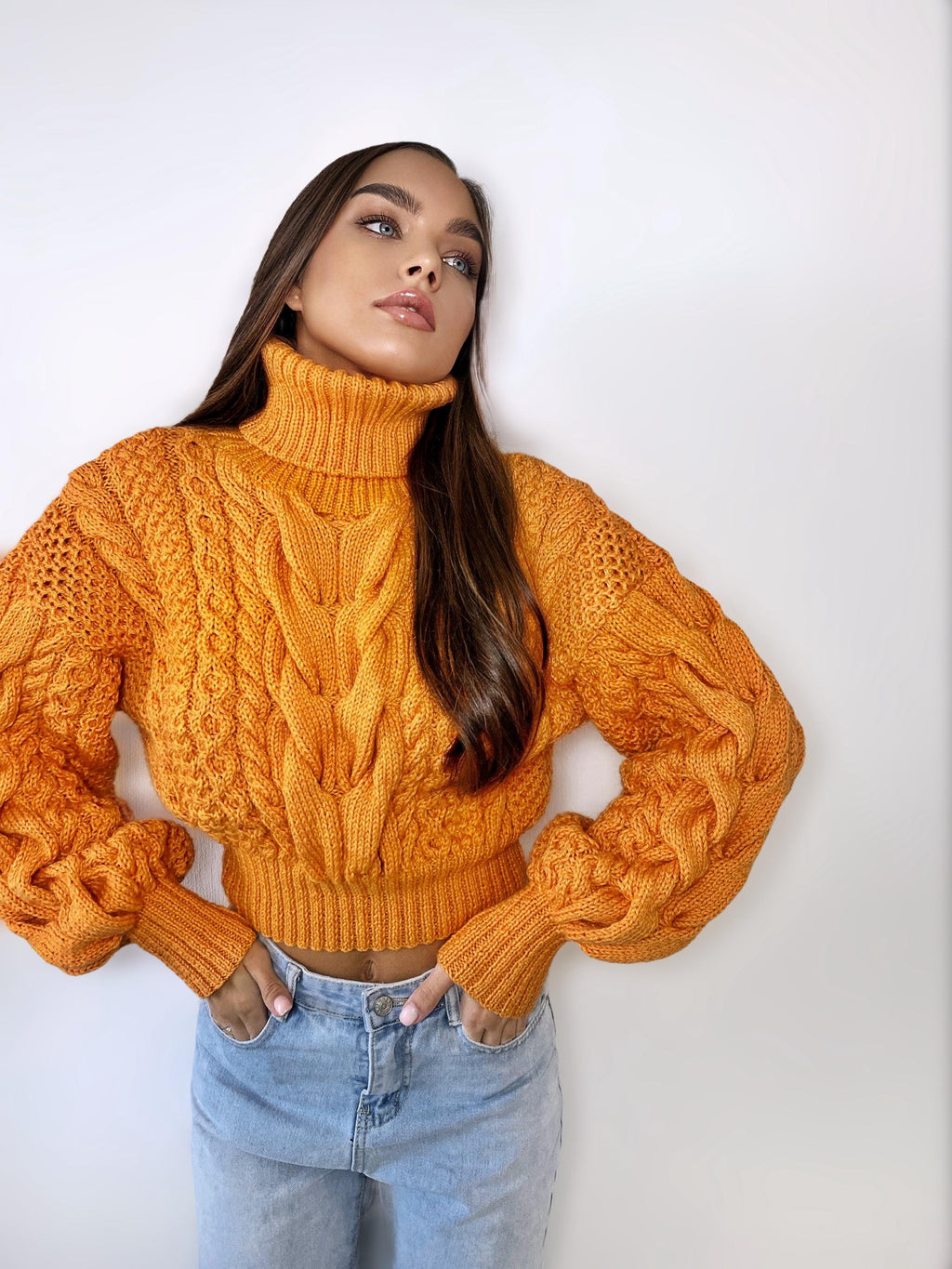 Crop hand knitted orange sweater Chunky Knit Turtleneck Oversized Pullover Women's Cable knit Jumper merino wool winter sweater
