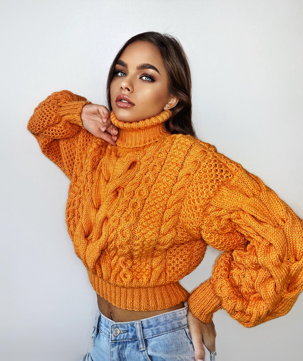 Fall Pumpkin Sweater Crop halloween hand knitted orange merino wool pullover Chunky Knit Turtleneck Women's Cable knit Jumper merino wool