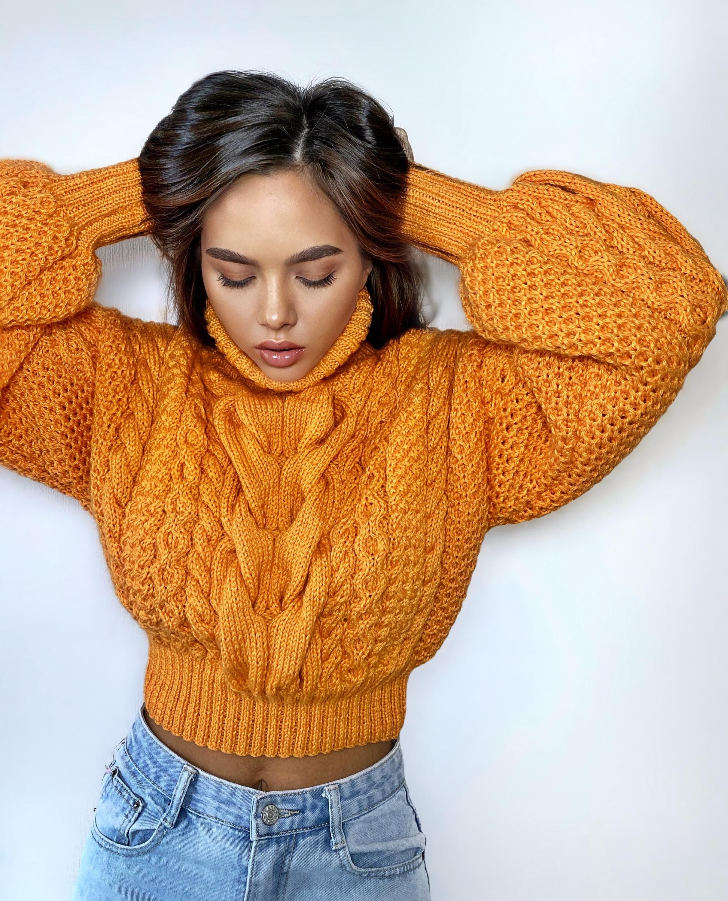 Fall Pumpkin Sweater Crop halloween hand knitted orange merino wool pullover Chunky Knit Turtleneck Women's Cable knit Jumper merino wool