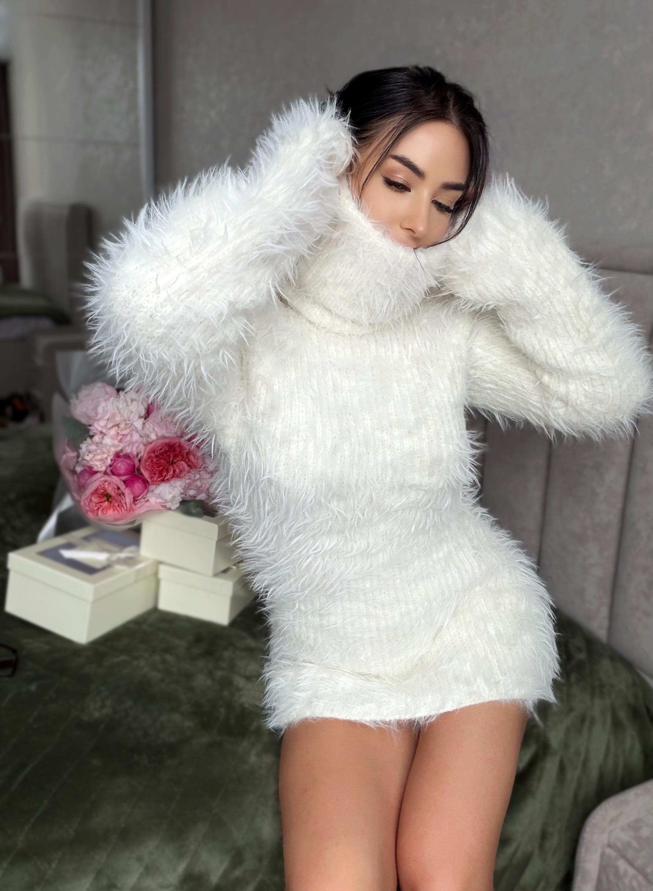 Hand knit white milk fluffy big merino wool cream turtleneck sweater High collar long soft chunky knit sweater dress Cable knit big pullover