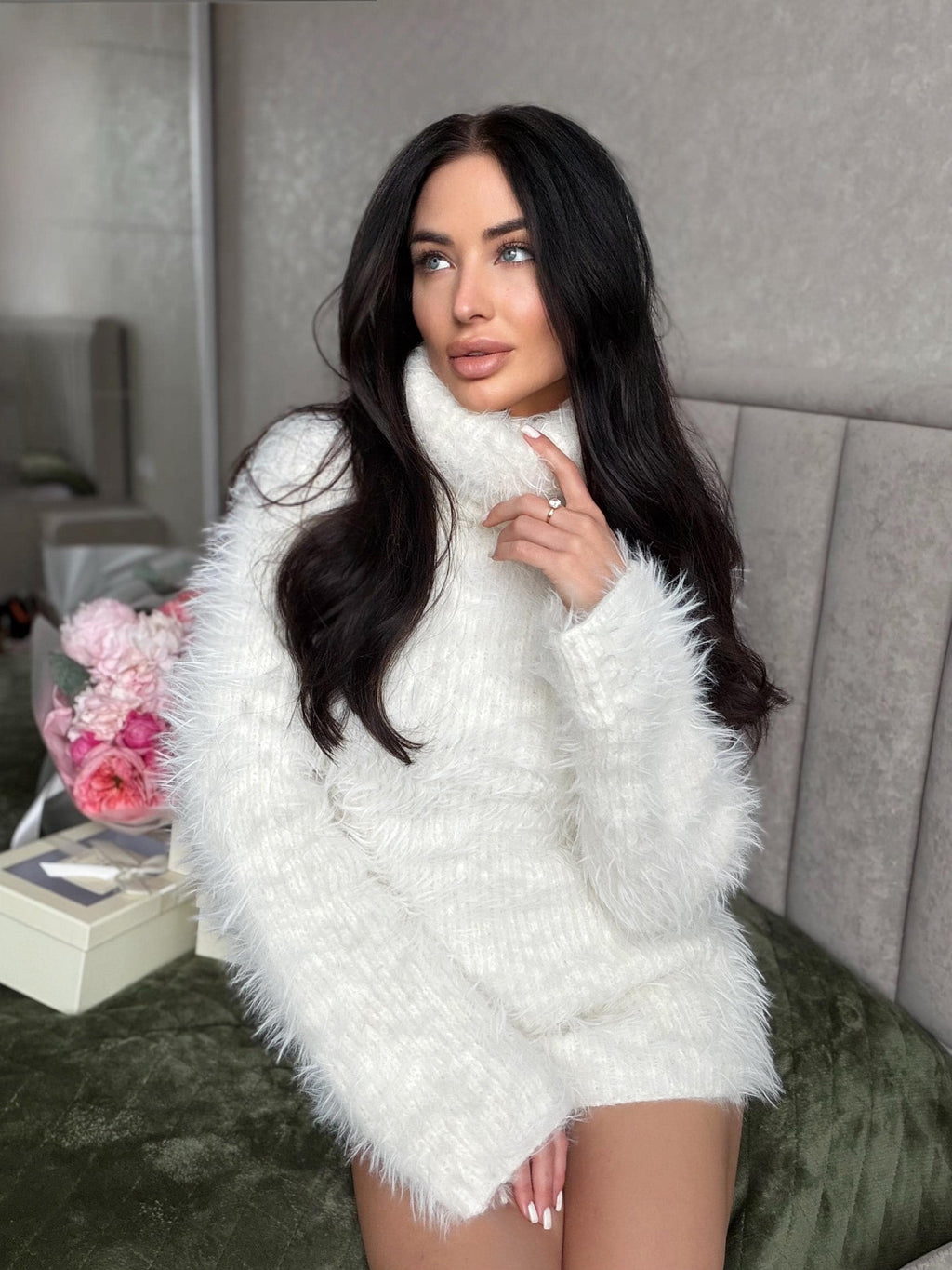 Hand knit white milk fluffy big merino wool cream turtleneck sweater High collar long soft chunky knit sweater dress Cable knit big pullover