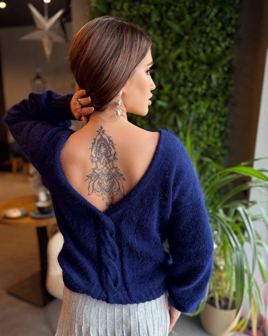 Hand knit angora wool V sweater open back reversible sweater Deep neckline Knit fluffy angora dark blue pullover Loose fit oversized V-neck