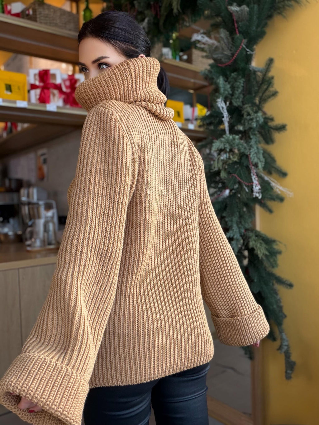 Large oversize merino wool turtleneck sweater dress Hand knit merino wool sweater dress Cable knit big pullover Chunky knit high big collar