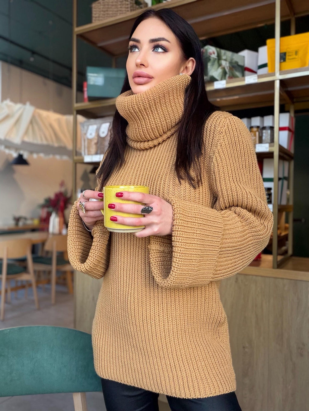 Large oversize merino wool turtleneck sweater dress Hand knit merino wool sweater dress Cable knit big pullover Chunky knit high big collar